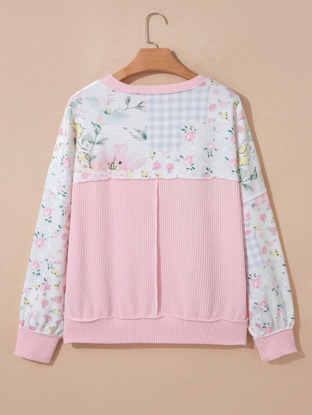 Boho Retro  Floral Color Block Patch Ribbed Knit Long Sleeve Top Pull Over