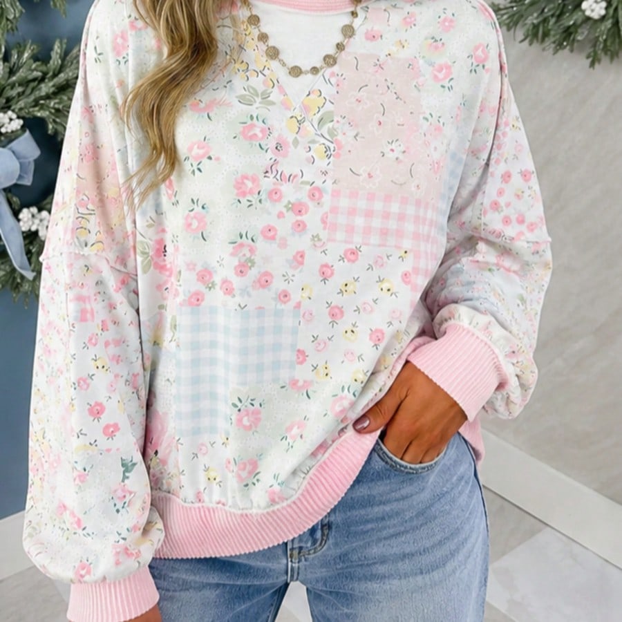 Boho Retro  Floral Color Block Patch Ribbed Knit Long Sleeve Top Pull Over