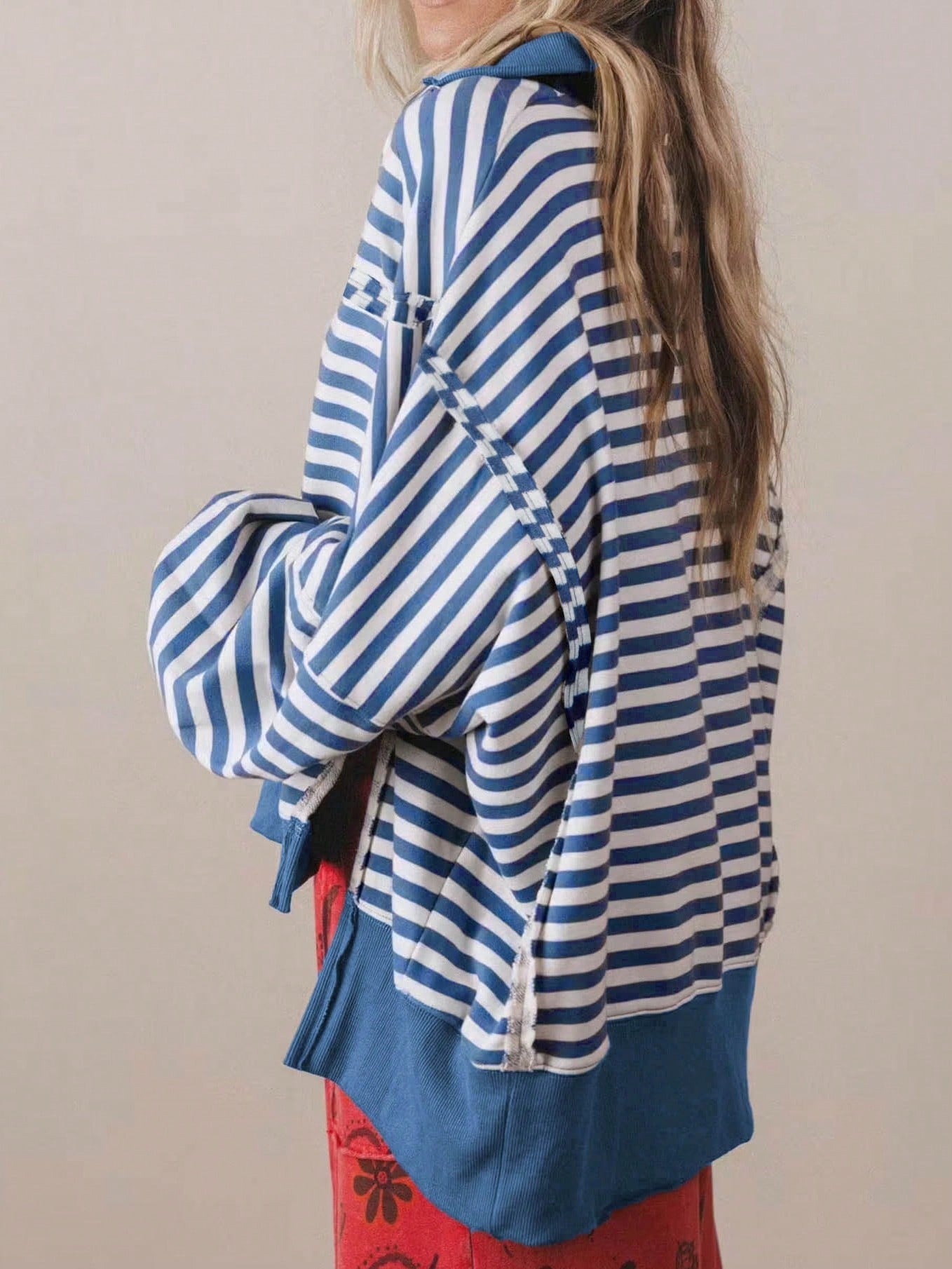 Boho Retro Cotton Drop Shoulder Over Size Stripe  Knit  Top Pull Over Sweater Sweatshirt