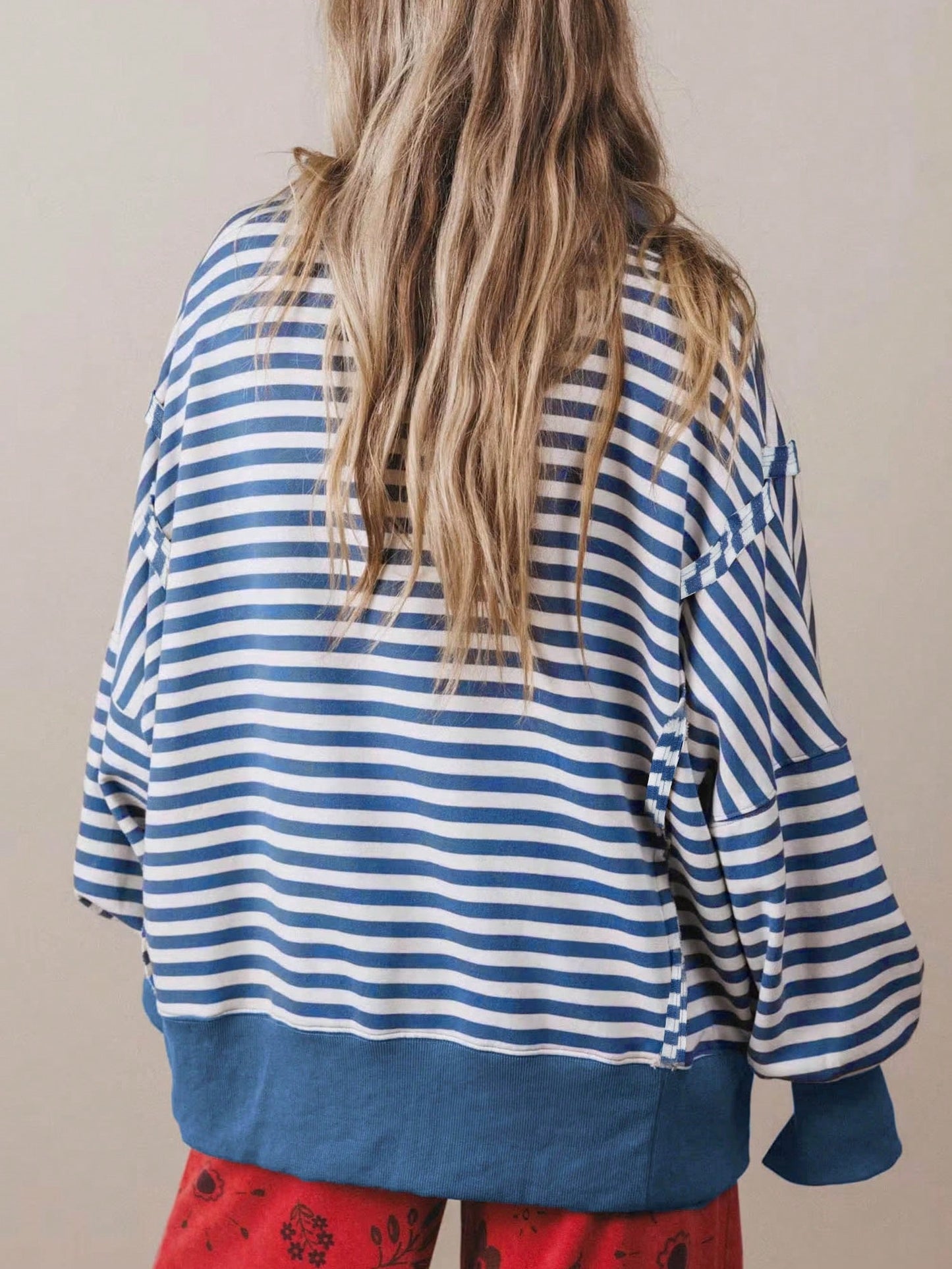 Boho Retro Cotton Drop Shoulder Over Size Stripe  Knit  Top Pull Over Sweater Sweatshirt