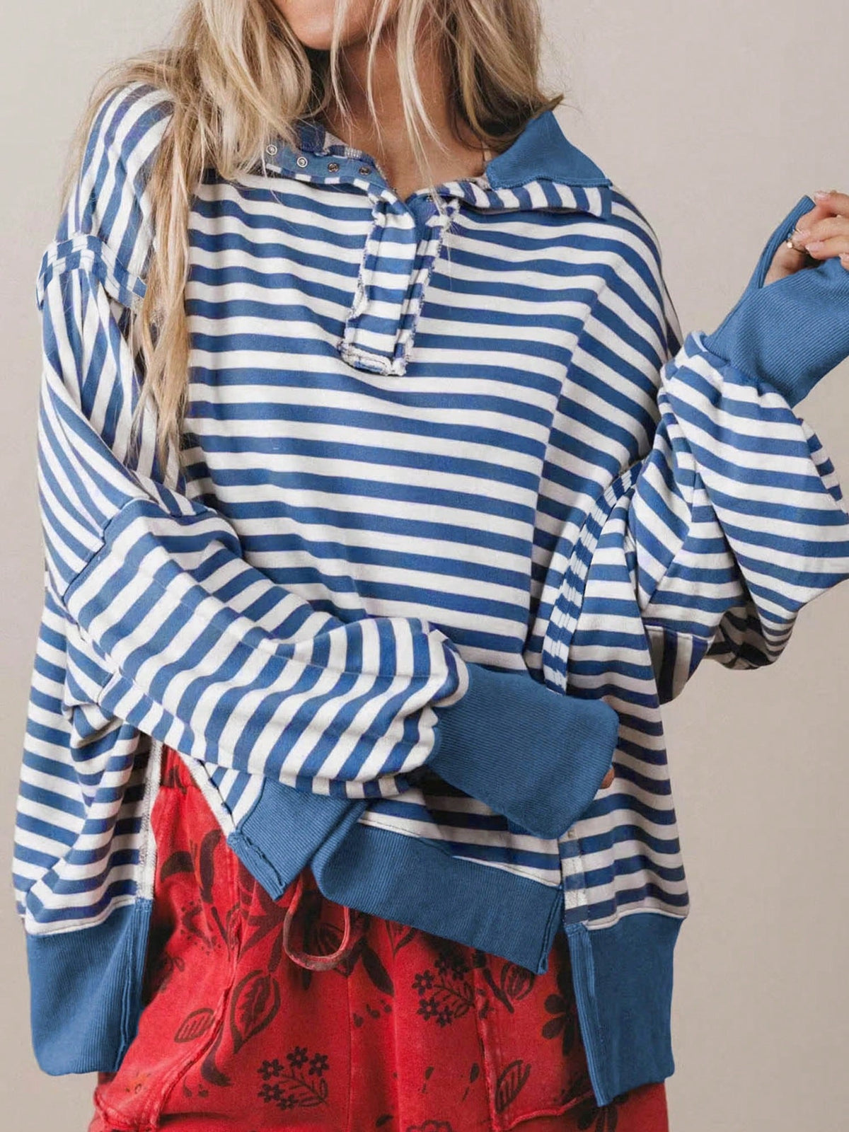 Boho Retro Cotton Drop Shoulder Over Size Stripe  Knit  Top Pull Over Sweater Sweatshirt