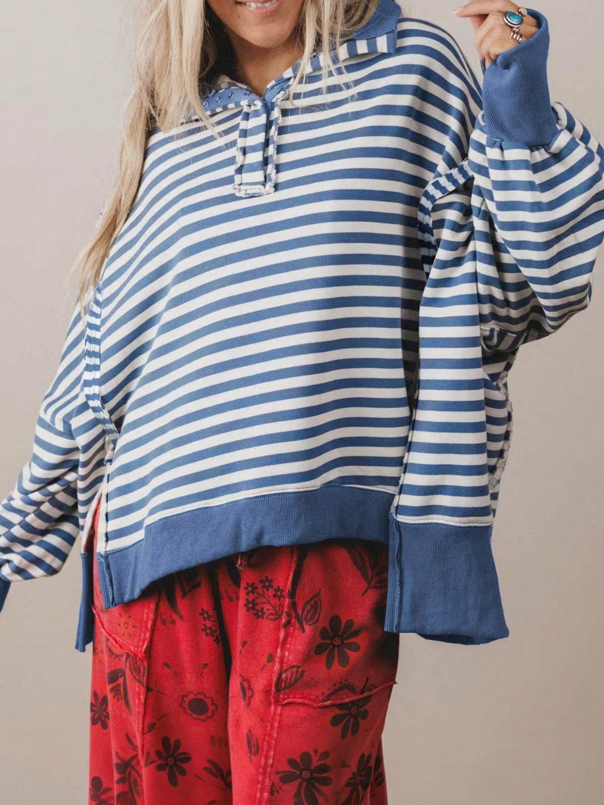 Boho Retro Cotton Drop Shoulder Over Size Stripe  Knit  Top Pull Over Sweater Sweatshirt