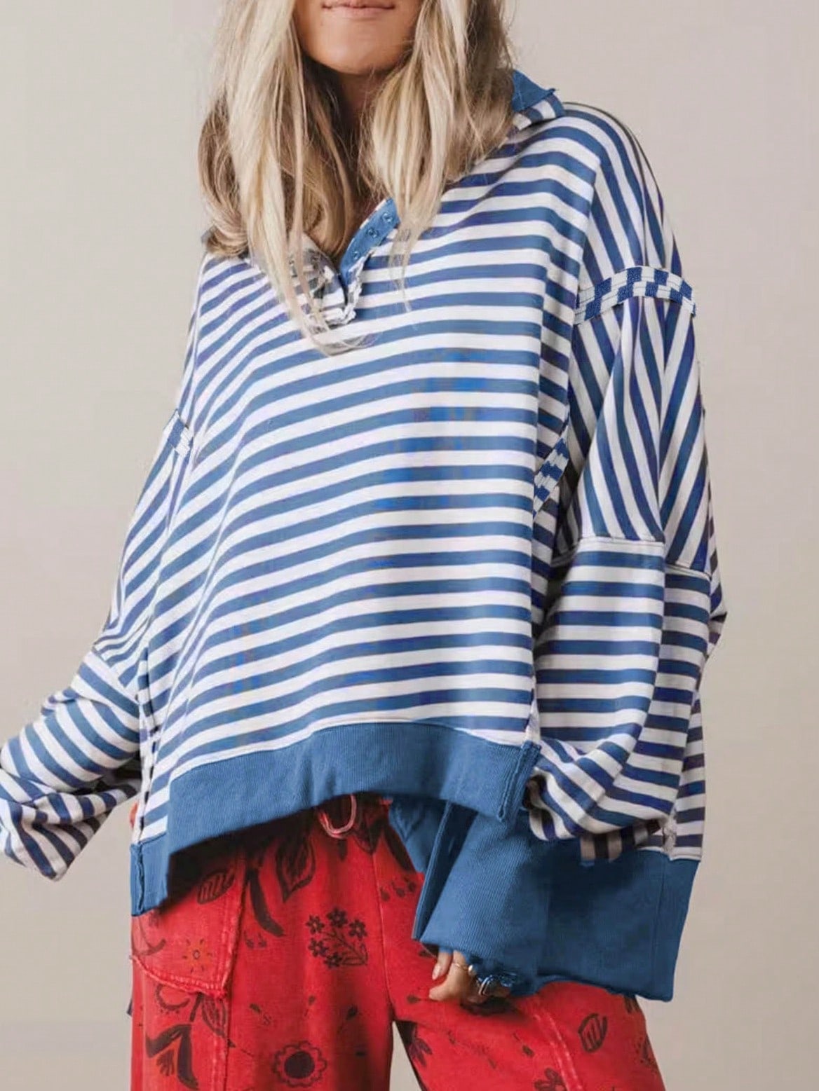 Boho Retro Cotton Drop Shoulder Over Size Stripe  Knit  Top Pull Over Sweater Sweatshirt