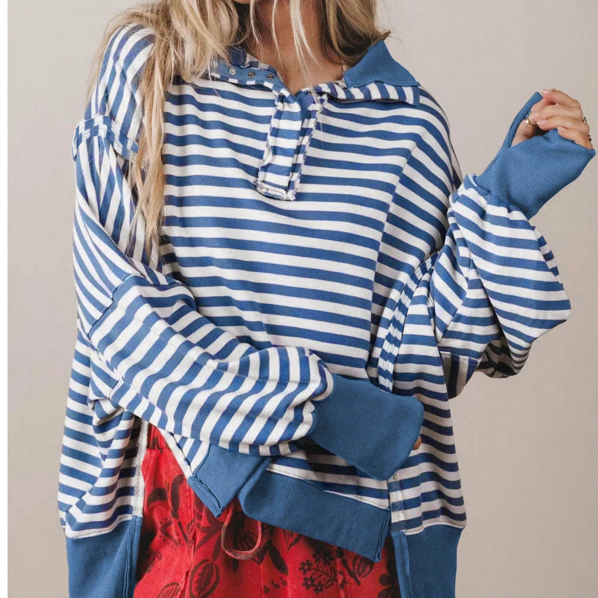 Boho Retro Cotton Drop Shoulder Over Size Stripe  Knit  Top Pull Over Sweater Sweatshirt