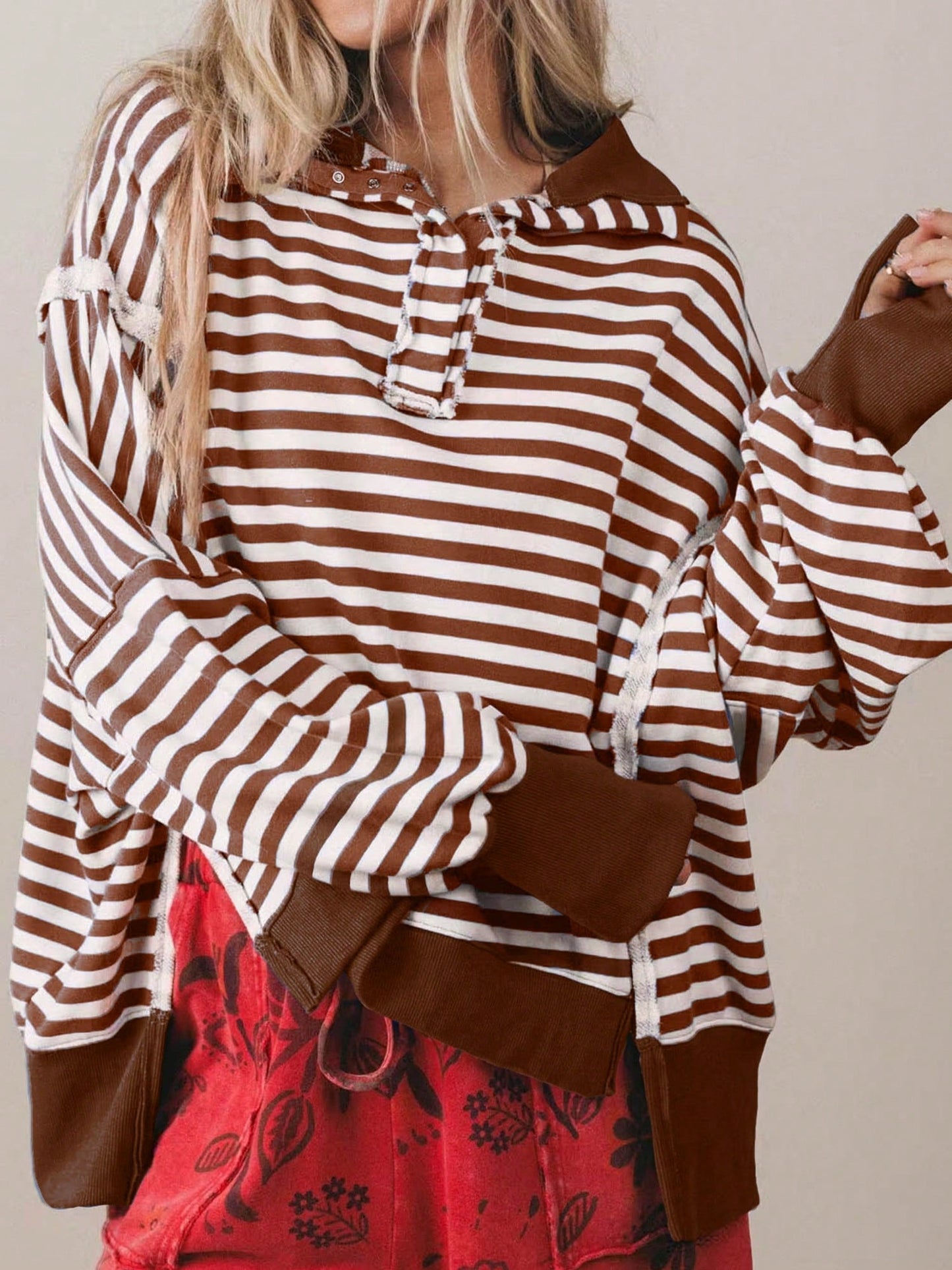 Boho Retro Cotton Drop Shoulder Over Size Stripe  Knit  Top Pull Over Sweater Sweatshirt