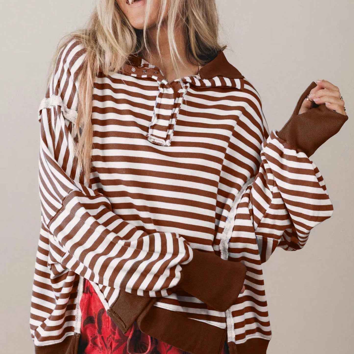 Boho Retro Cotton Drop Shoulder Over Size Stripe  Knit  Top Pull Over Sweater Sweatshirt