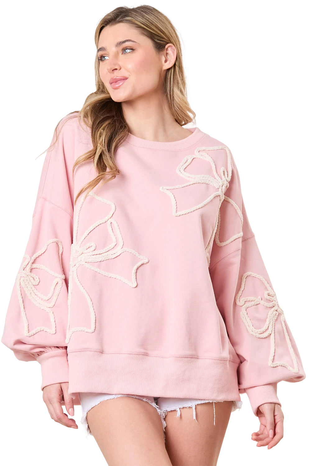 Light Pink Flower Pattern Drop Shoulder Loose Sweatshirt