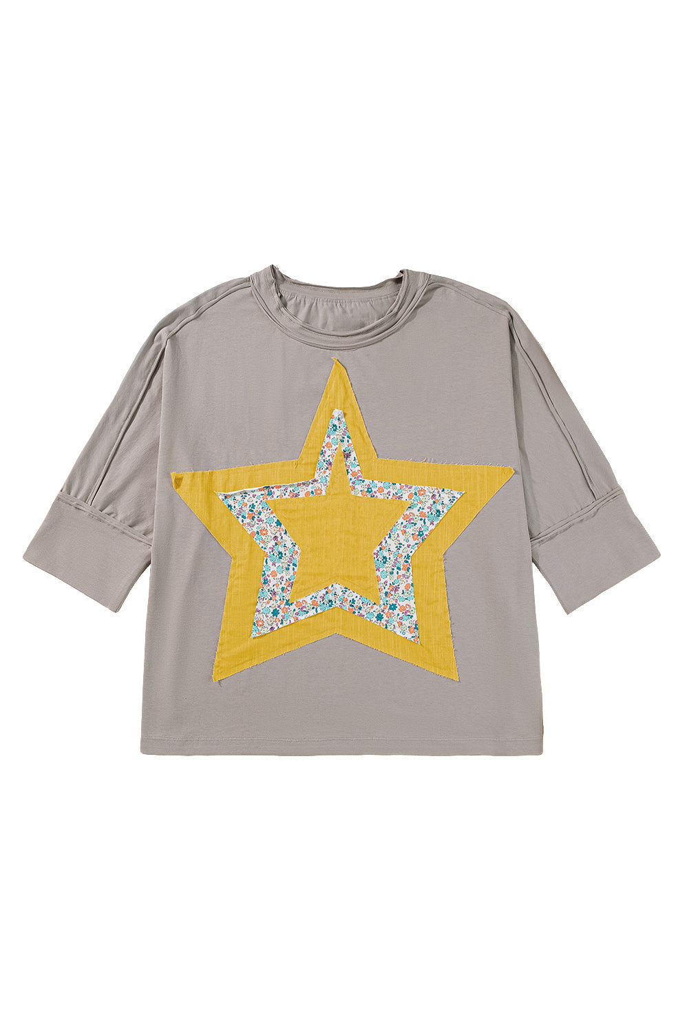 Medium Grey Floral Star Patched Exposed Seam Mineral Wash Top