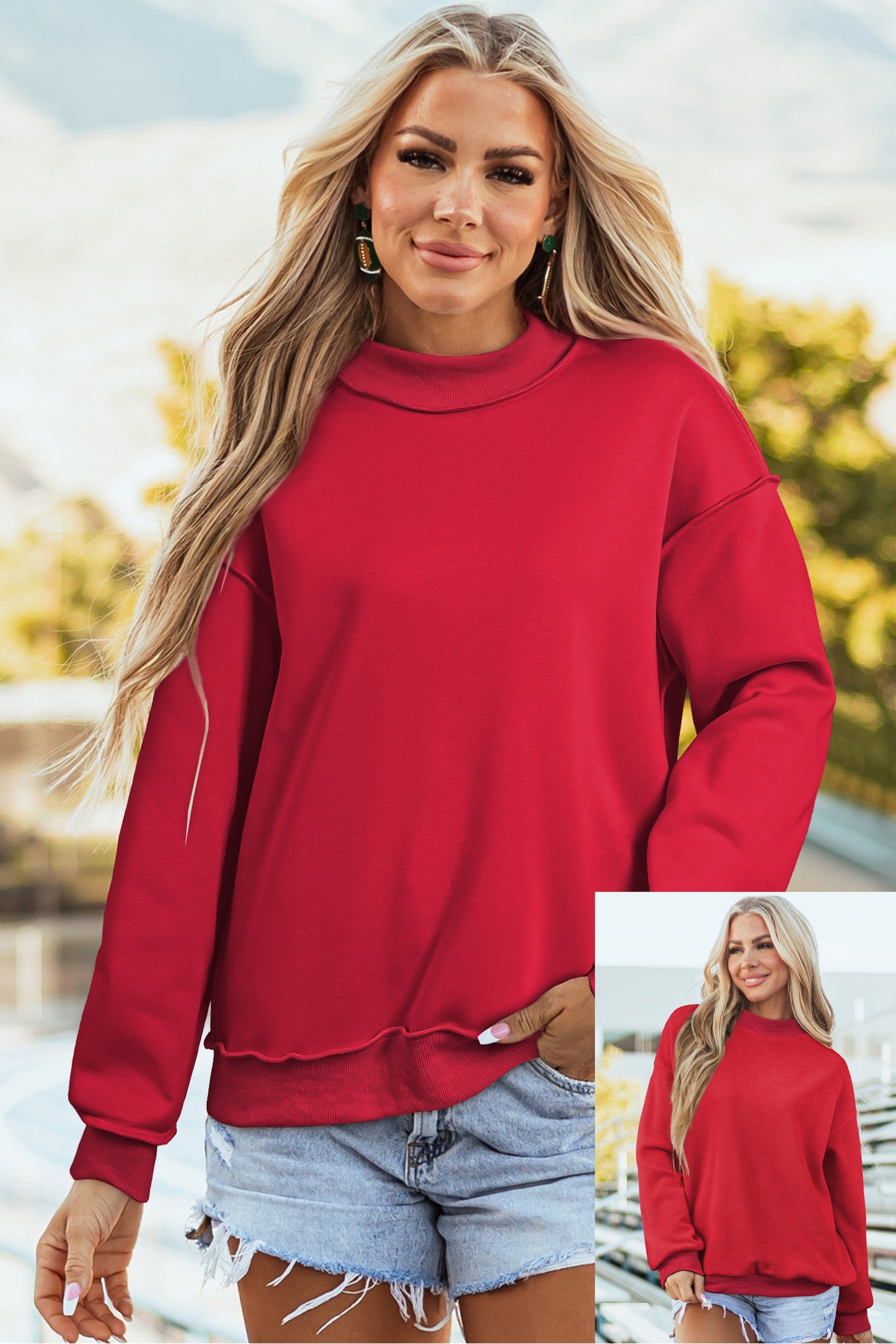 Bright Green Oversize Drop Shoulder Reversible Mock Neck Sweatshirt