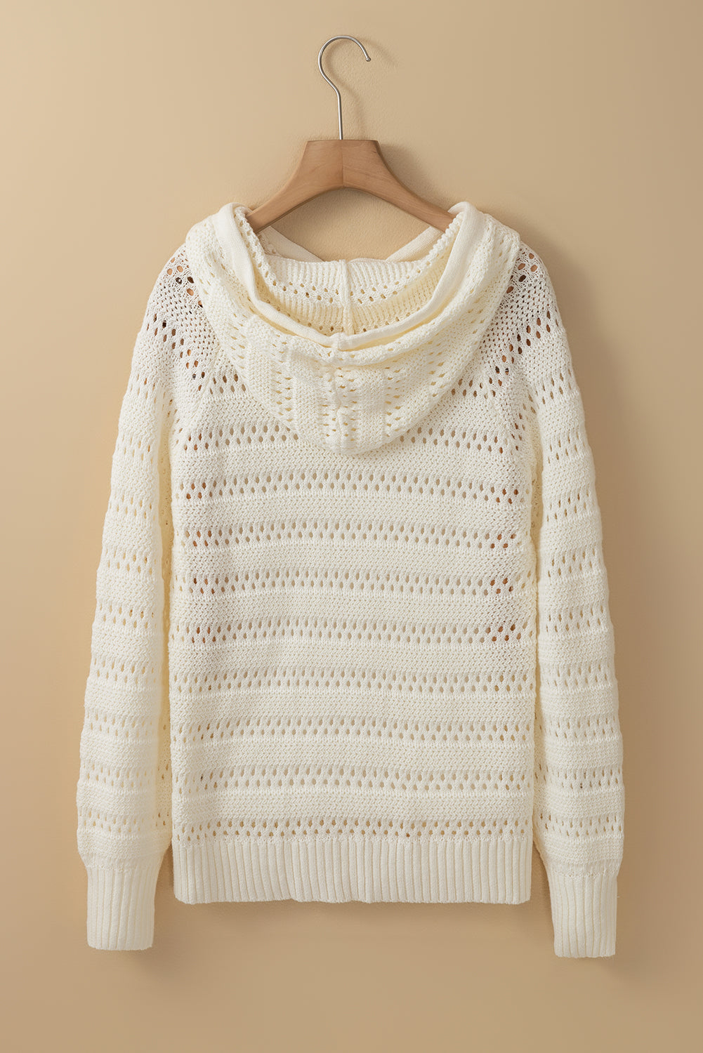 White Pointelle Knit Raglan Sleeve Drawstring Hooded Sweater