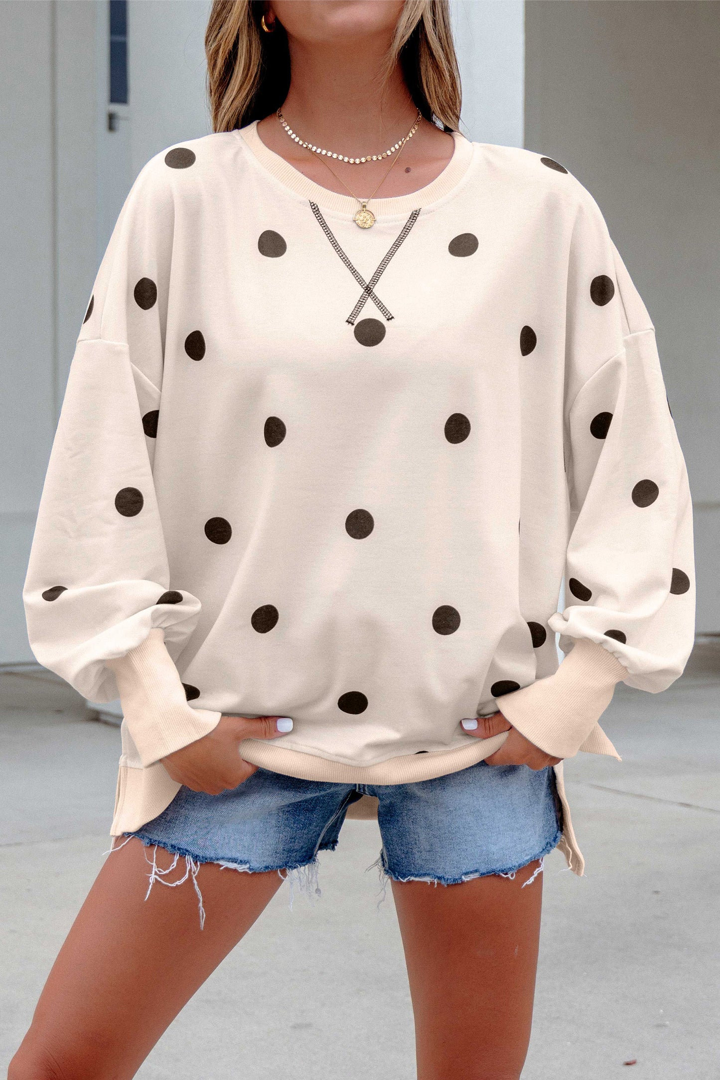 Yellow Polka Dot Loose Long Sleeve Split Hem Pullover Top
