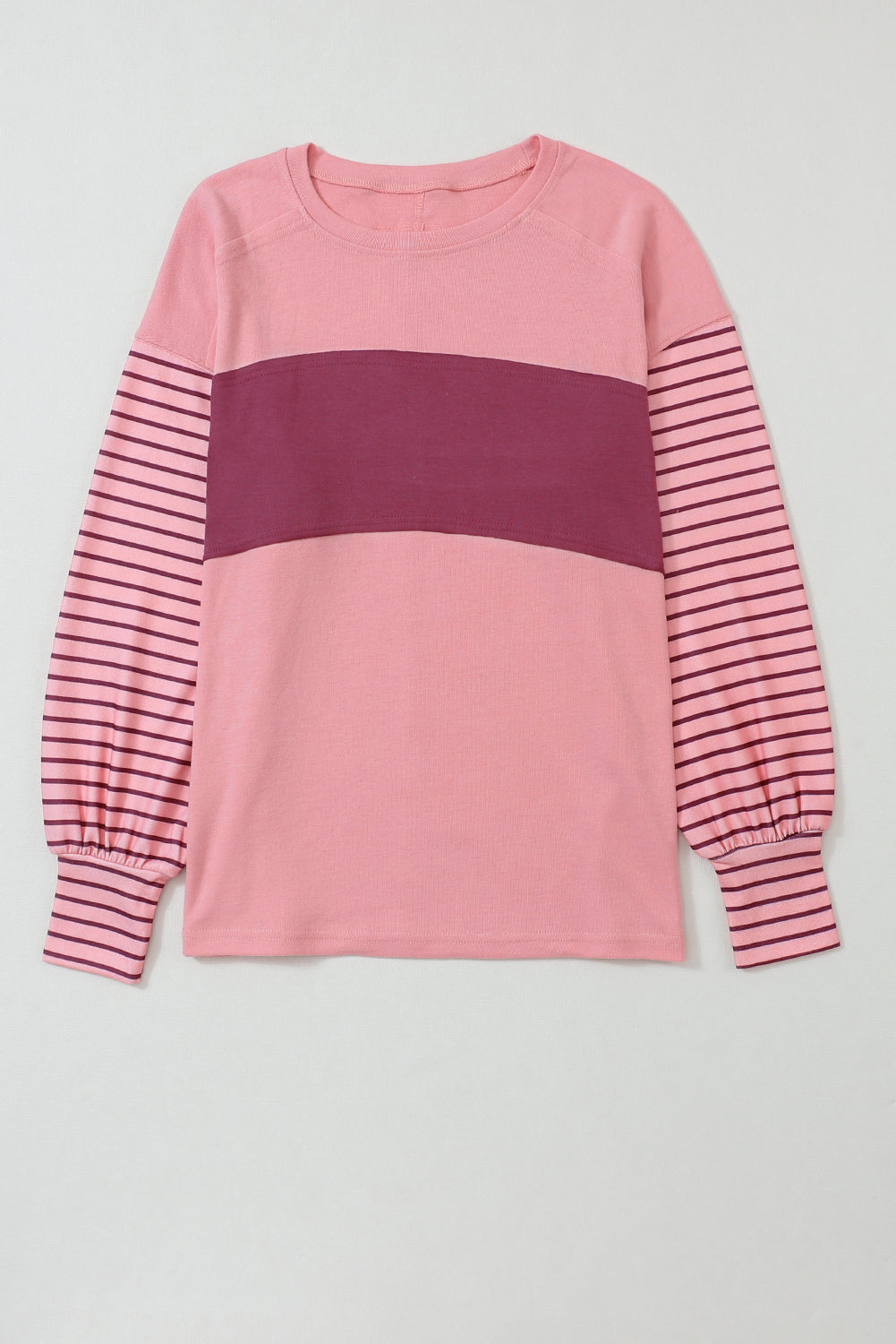 Khaki Colorblock Striped Bishop Sleeve Side Slits Top