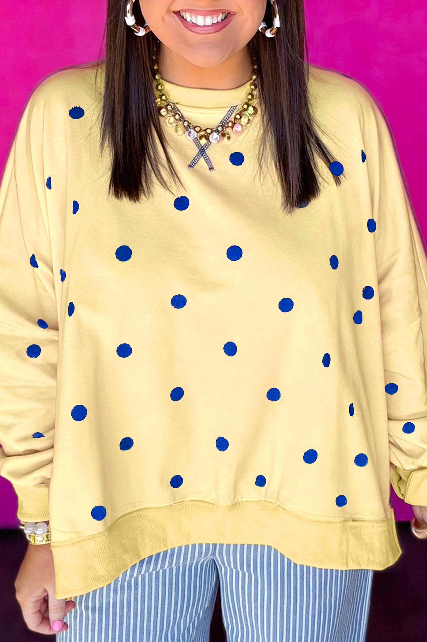 Beige Round Neck Long Sleeve Polka Dot Plus Size Top