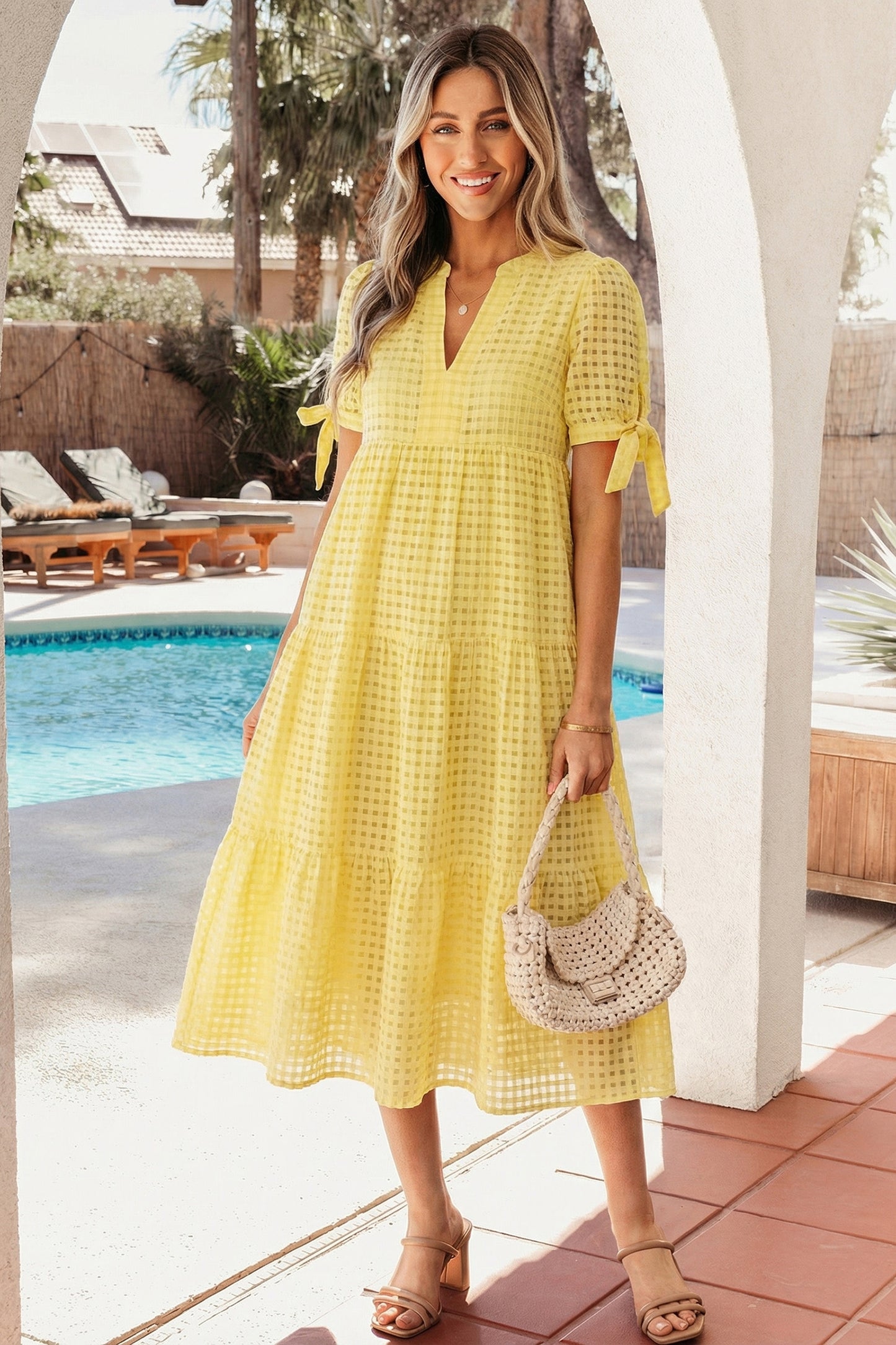 Dusk Blue Gingham Textured Bow Tie Short Sleeve Tiered Midi Dress