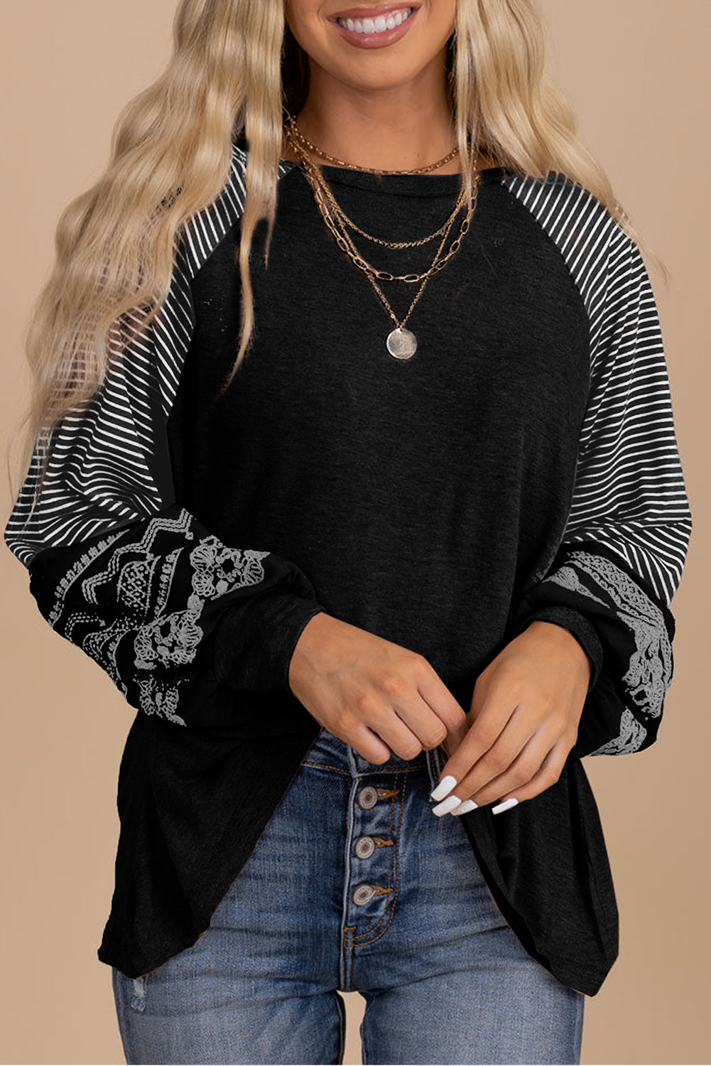 Mineral Red Contrast Print Striped Raglan Long Sleeve Loose Top