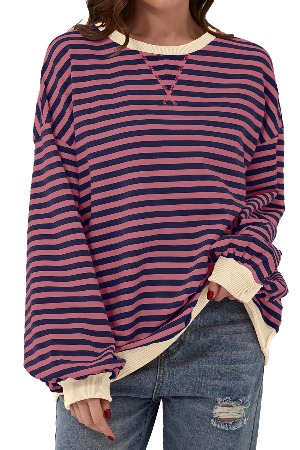 Green Stripe Contrast Edge Oversized Sweatshirt