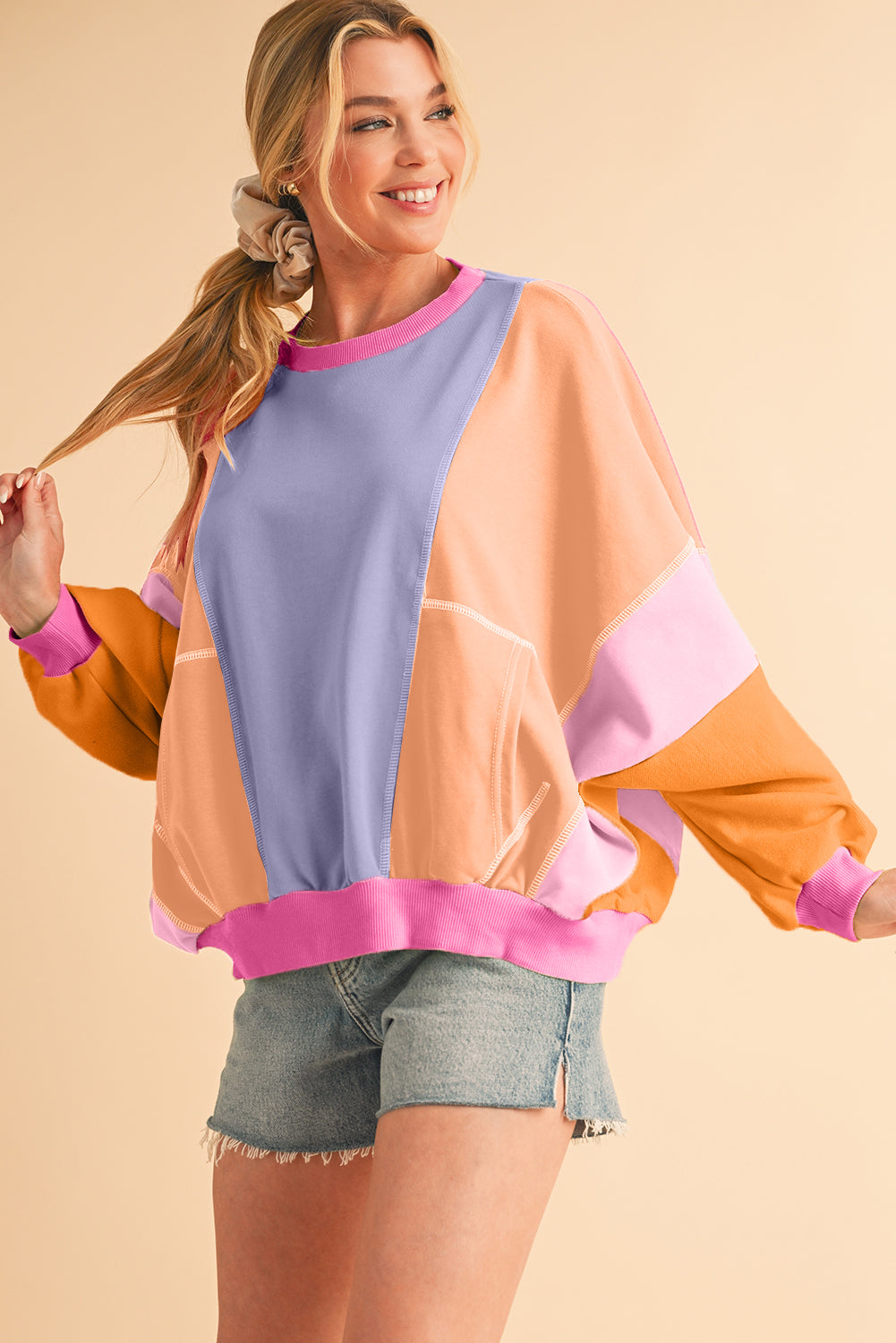 Grapefruit Orange Colorblock Patchwork Drop Shoulder Top