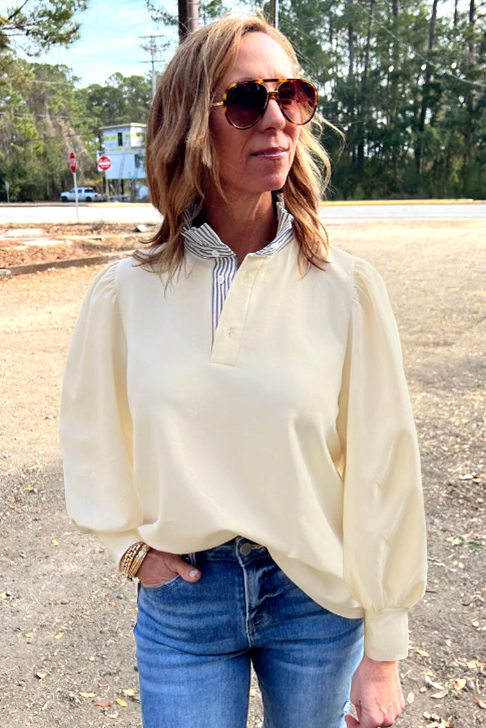 White Striped Ruffle Button Neck Pullover Sweatshirt