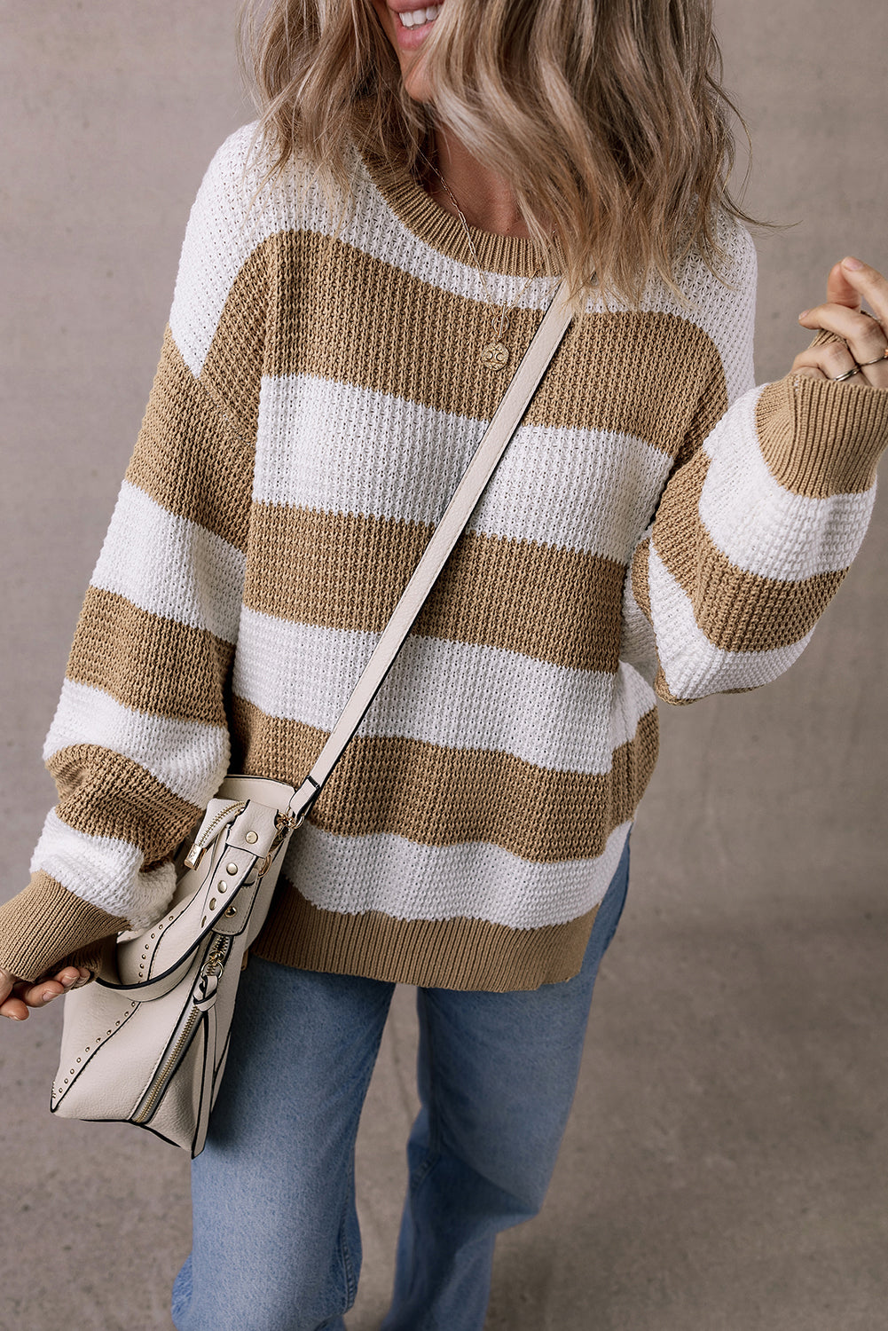 Light French Beige Striped Drop Shoulder Side Slit Sweater