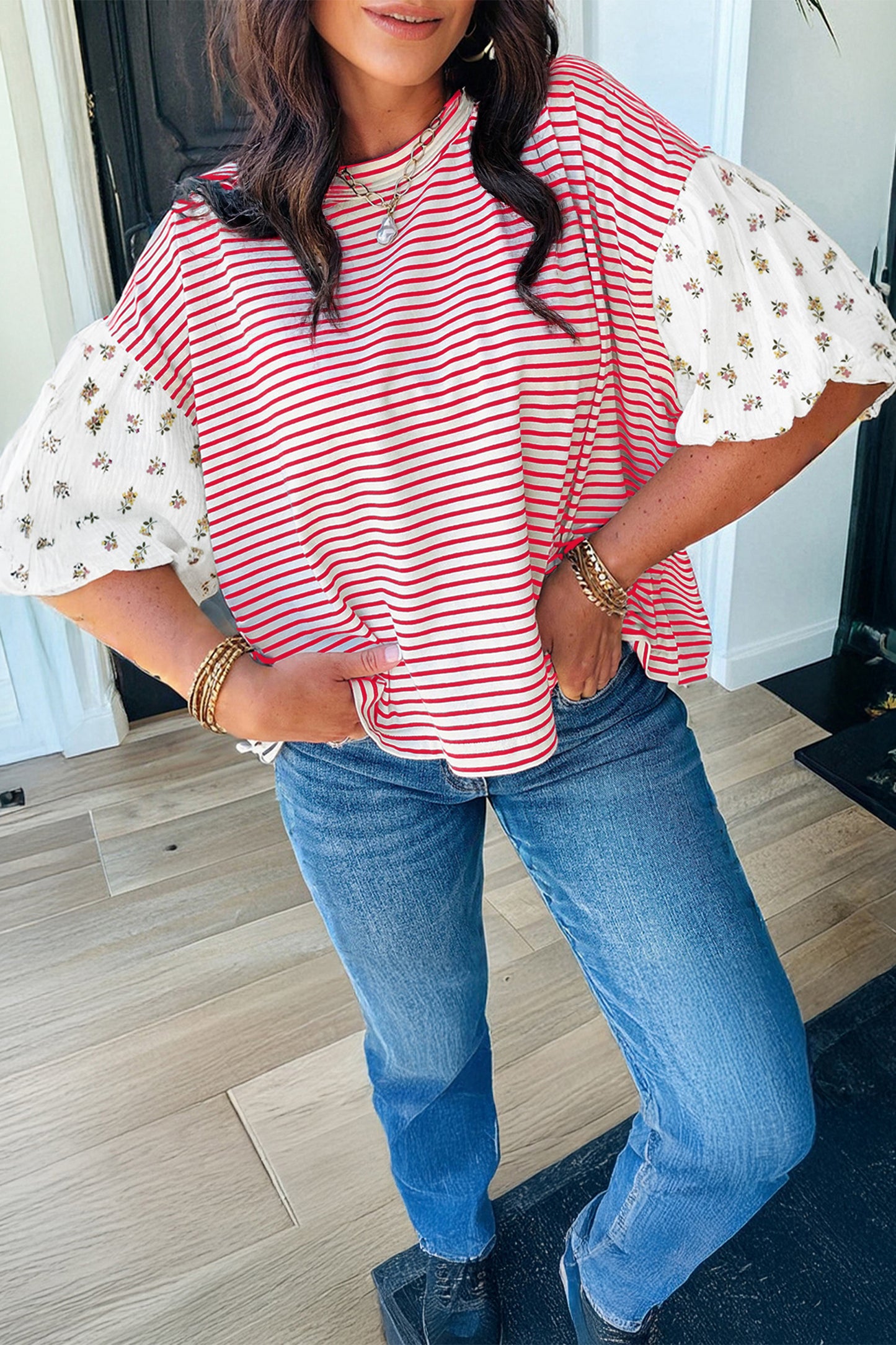 Green Stripe Floral Puff Sleeve Patchwork Round Neck Loose Top