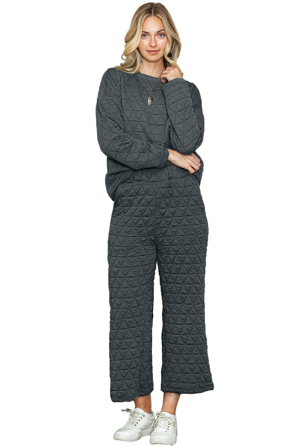 Dark Grey Solid Color Quilted Long Sleeve Top and Wide Leg Pants Set