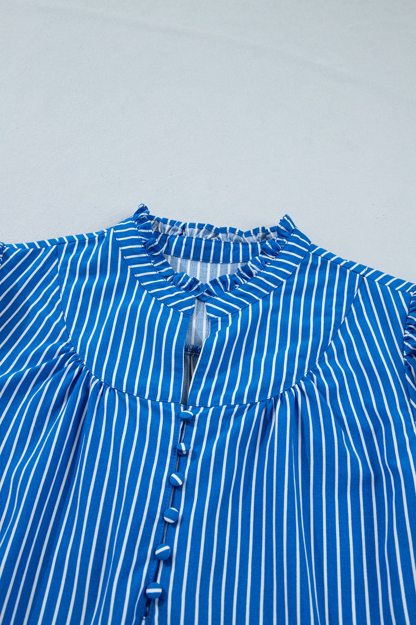 Blue Stripe Ruffled Short Puff Sleeve Button Front Blouse
