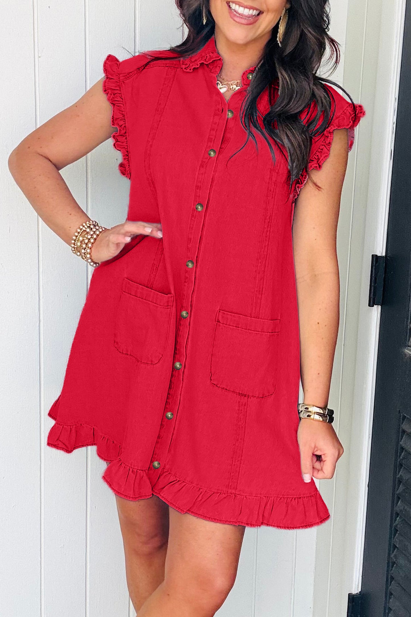 Beau Blue Ruffled Edge Collared Shift Denim Dress with Pockets