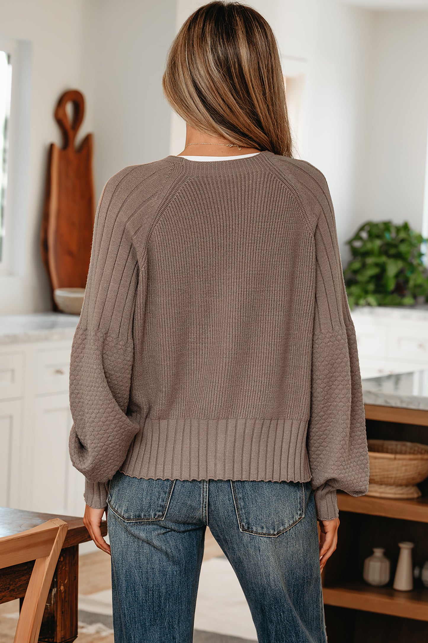 Light Pink Mixed Texture Knit Button V Neck Sweater Cardigan