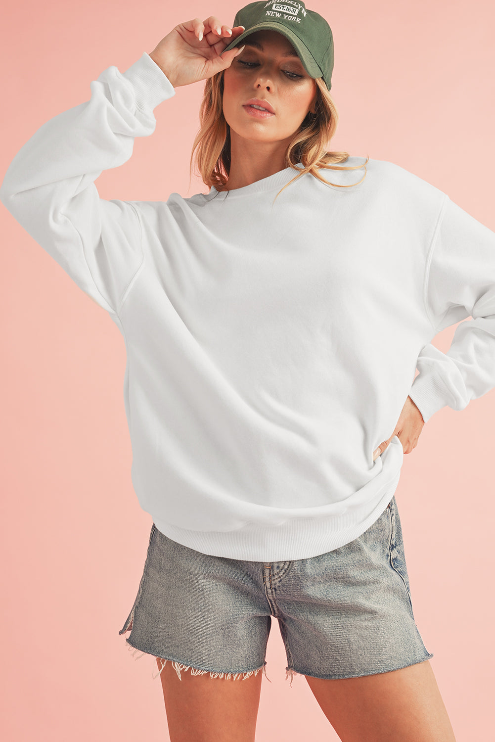 White Solid Loose Crew Neck Fleece Sweatshirt