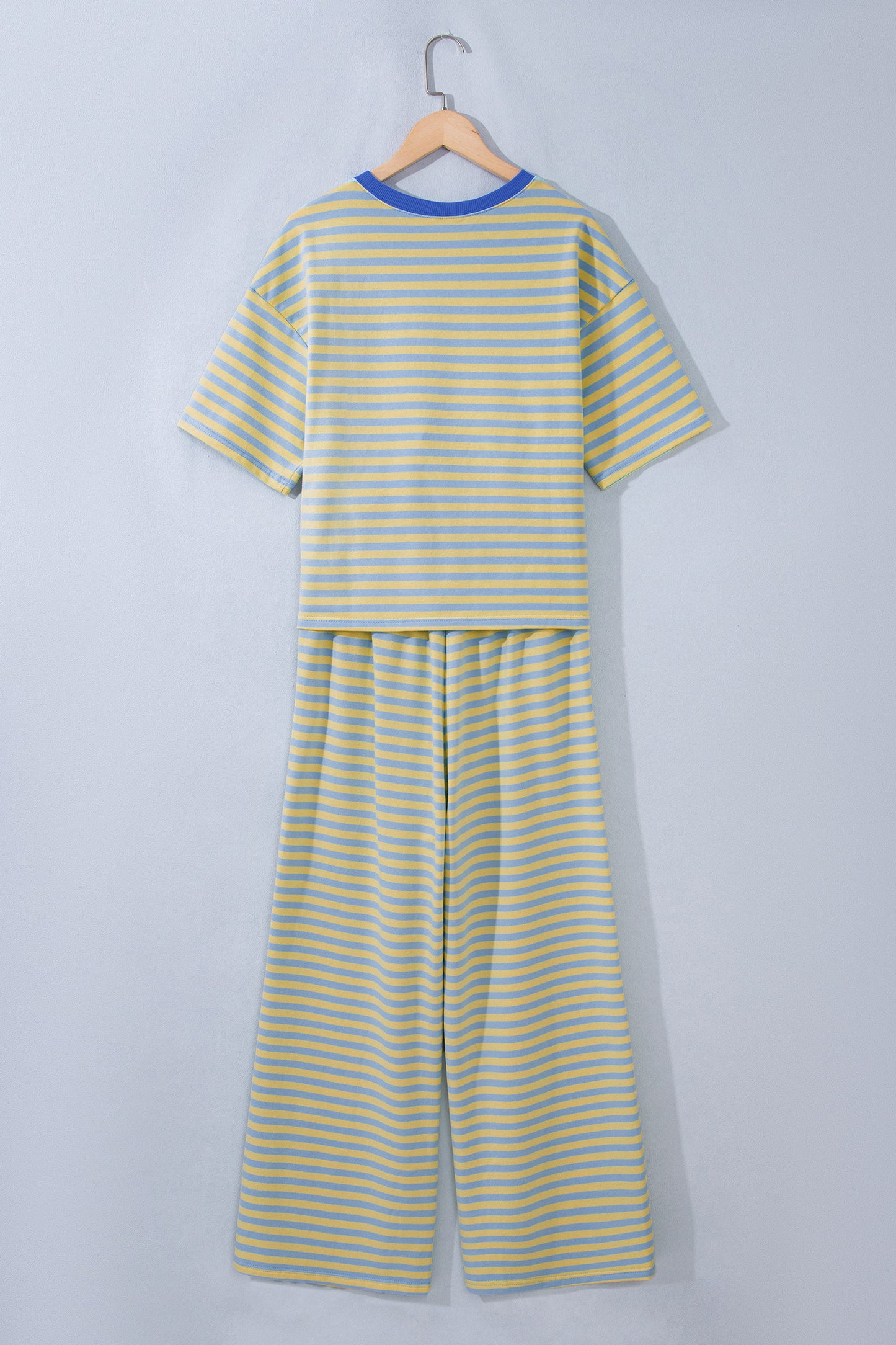 Yellow Stripe Colorblock Trim Crew Neck Loose Tee Drawstring Elastic Waist 2pcs Pant Set