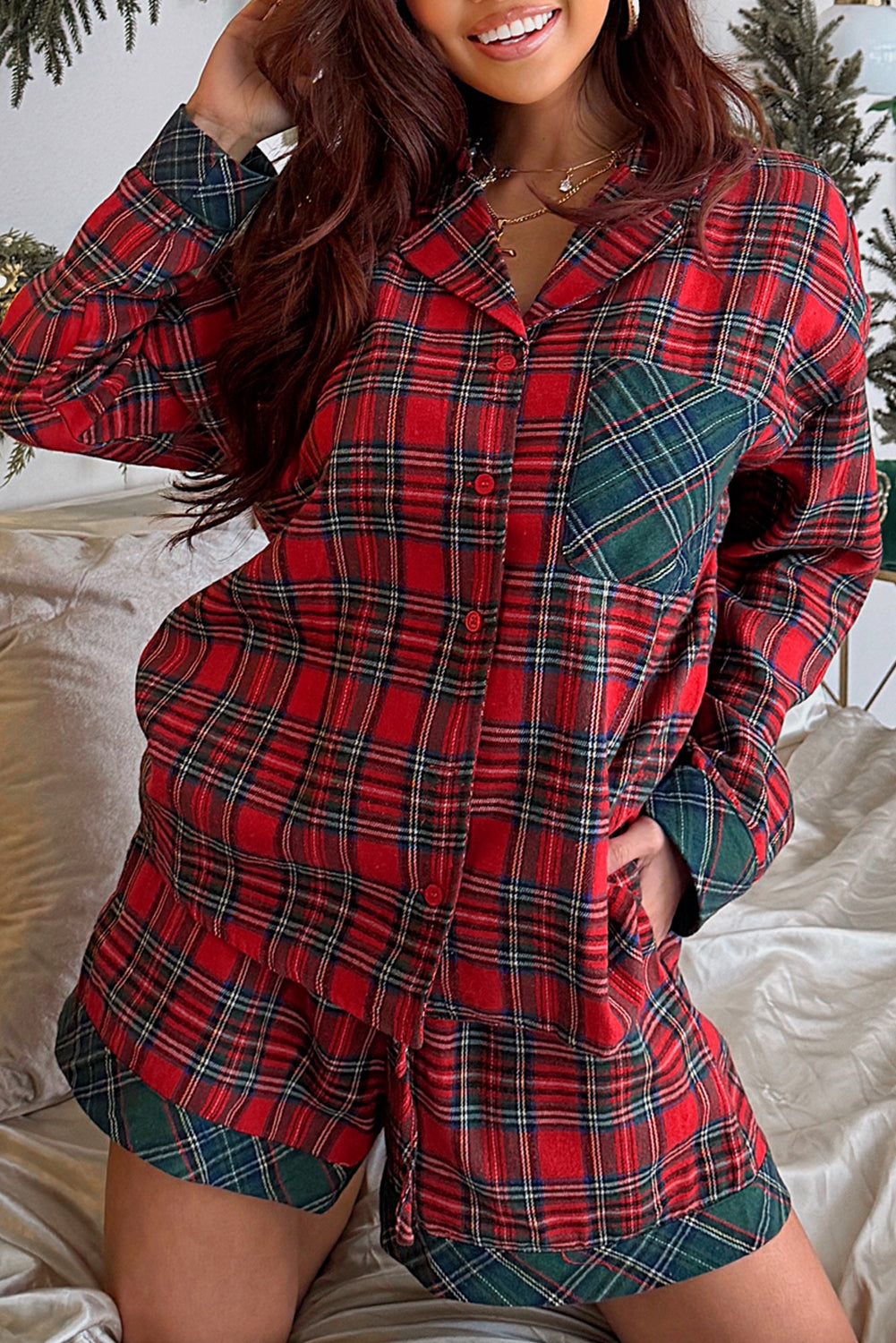 Red Plaid Contrast Color Christmas Holiday Long Sleeve Shirt and Shorts Pajama Set