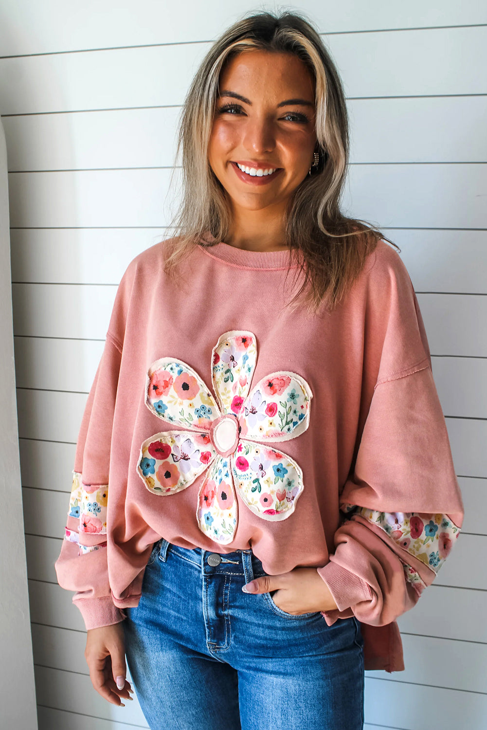 Wisteria Flower Applique Patchwork Drop Sleeve Pullover Sweatshirt