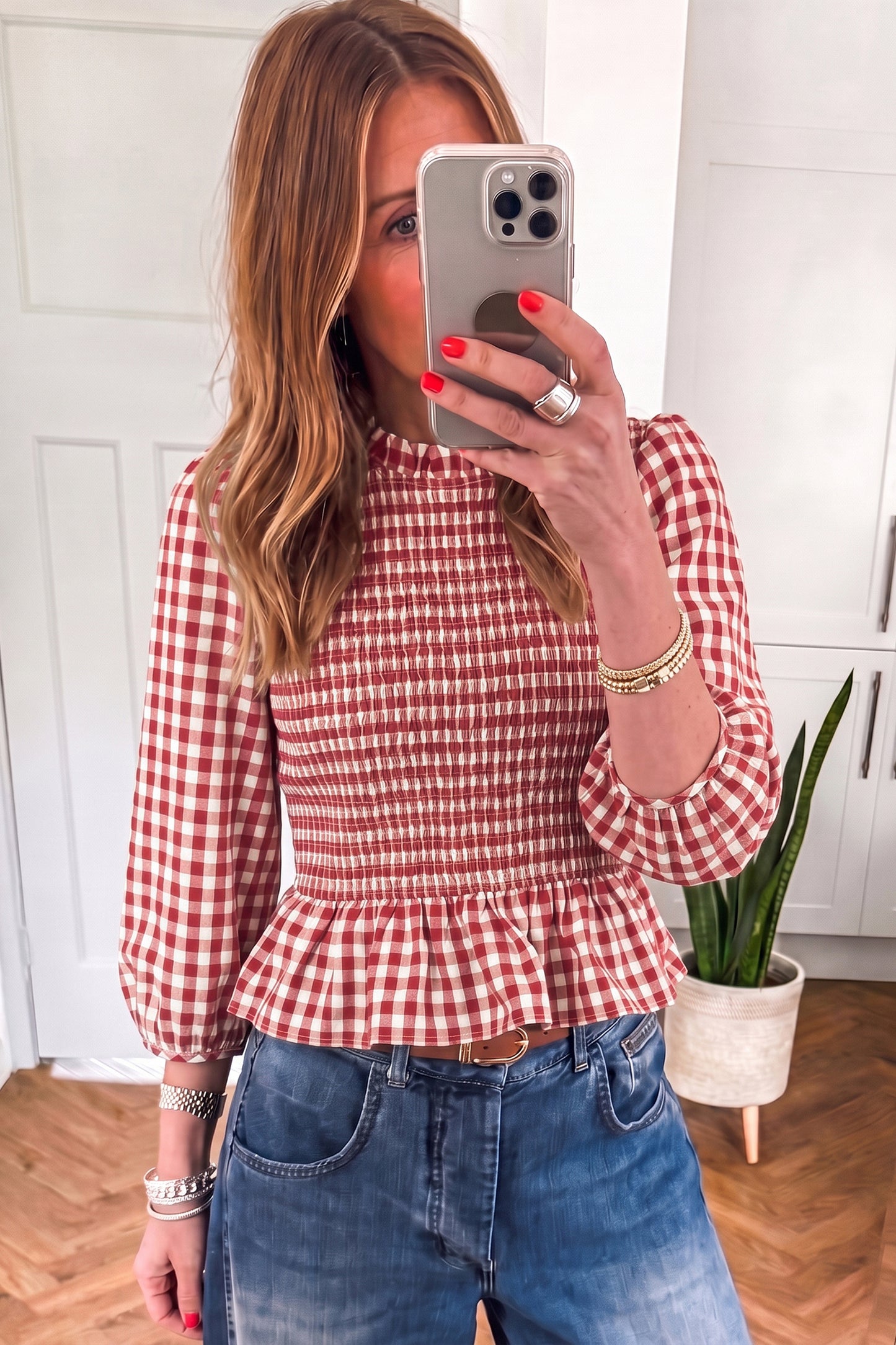Brown 3/4 Sleeve Shirred Plaid Peplum Top