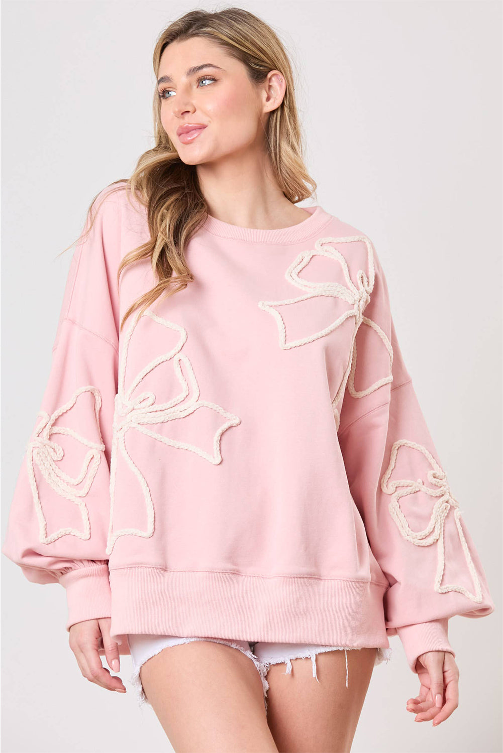 Light Pink Flower Pattern Drop Shoulder Loose Sweatshirt