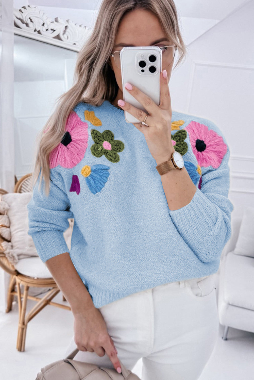 Light Blue 60s Flower Pattern Ribbed Edge Sweater