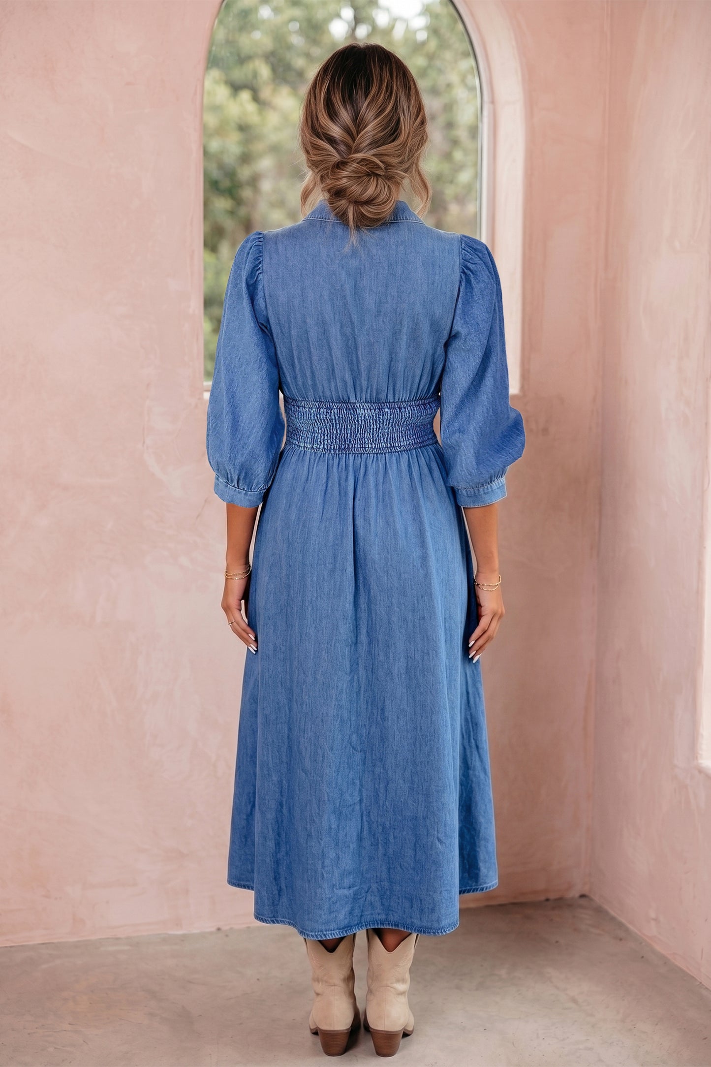 Blue V Neck Shirred Waist Metal Zipper Denim Midi Dress