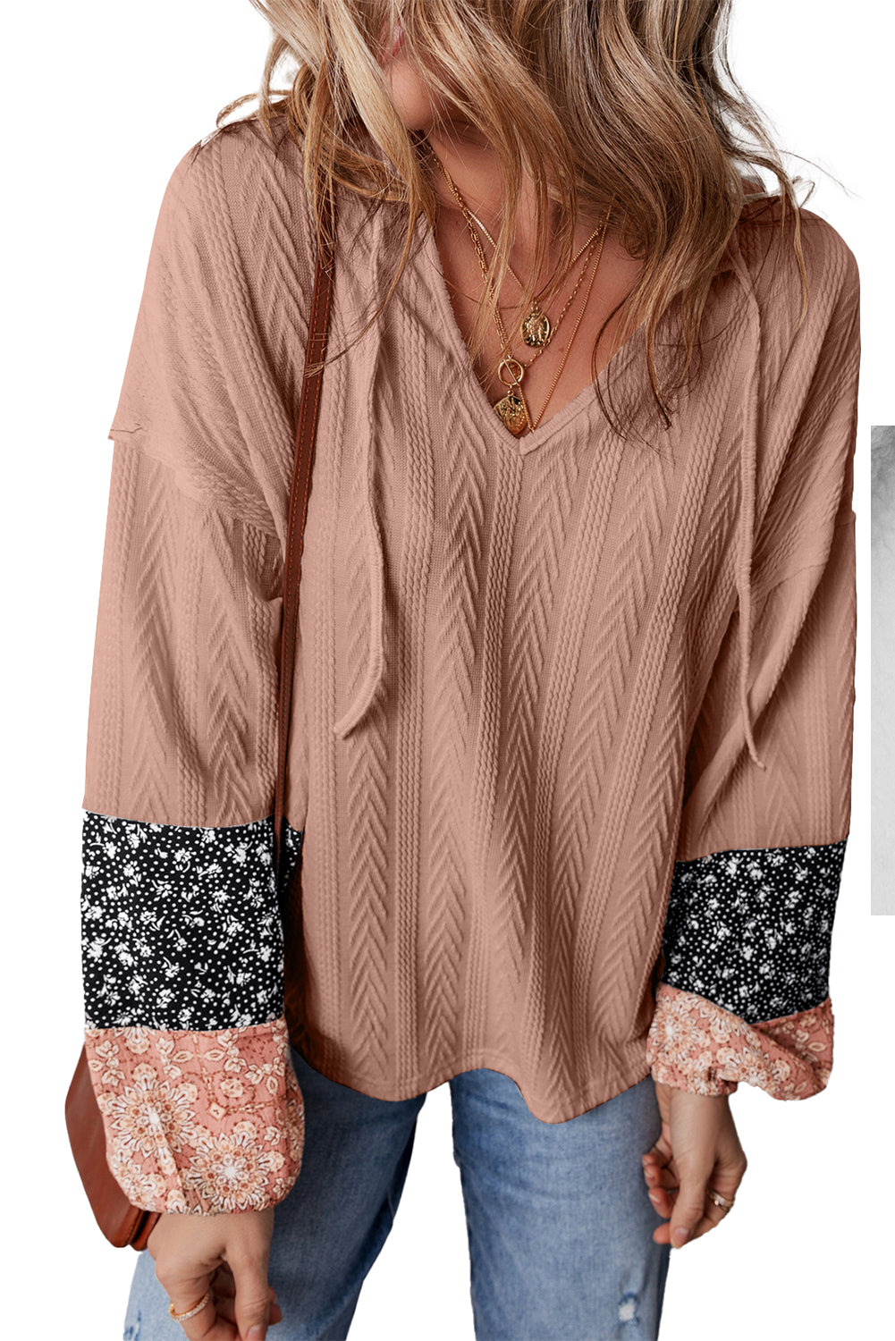 Beige Floral Patchwork Textured Drawstring V Neck Top