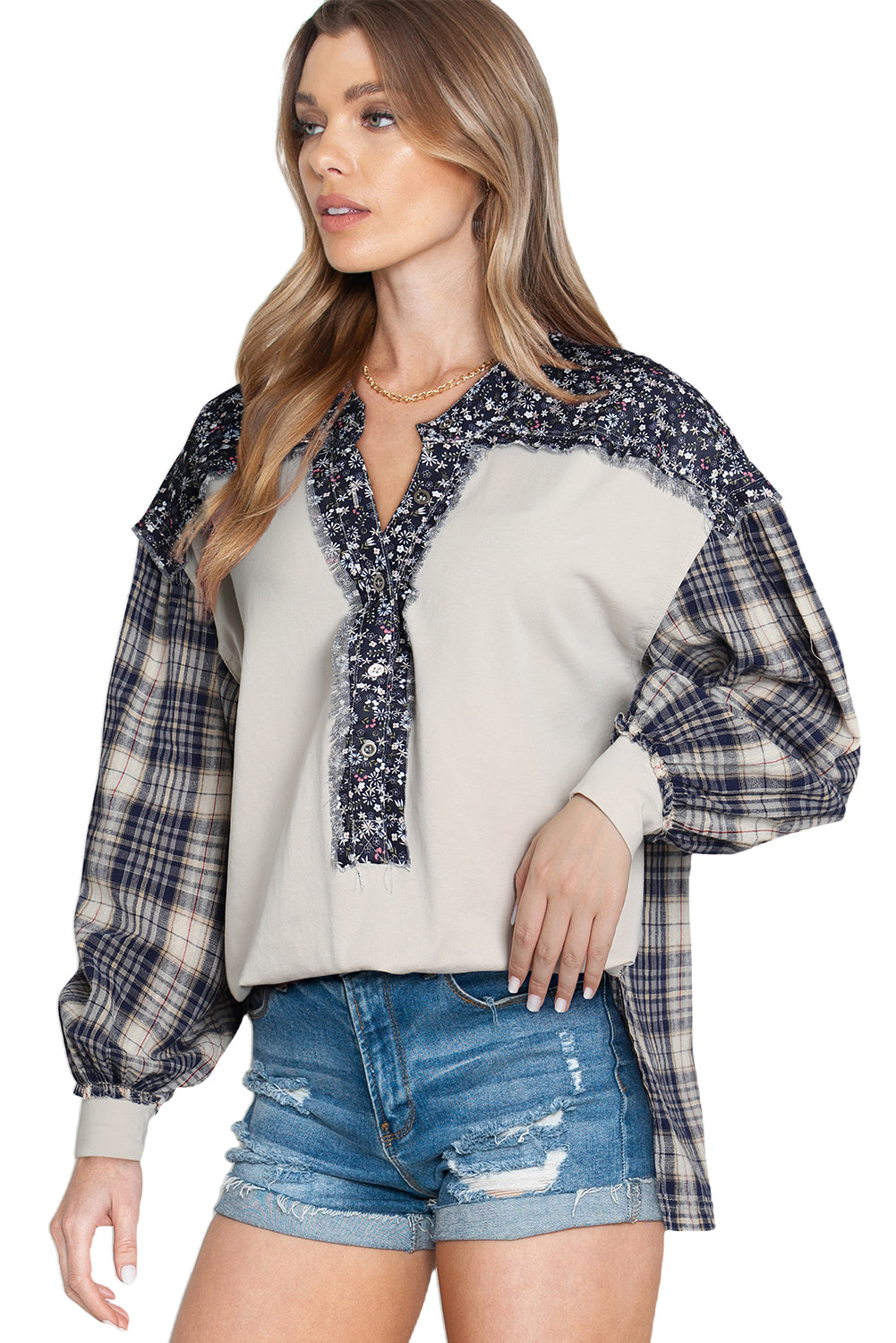 Dark Blue Floral Plaid Mixed Patchwork Bishop Sleeve Top