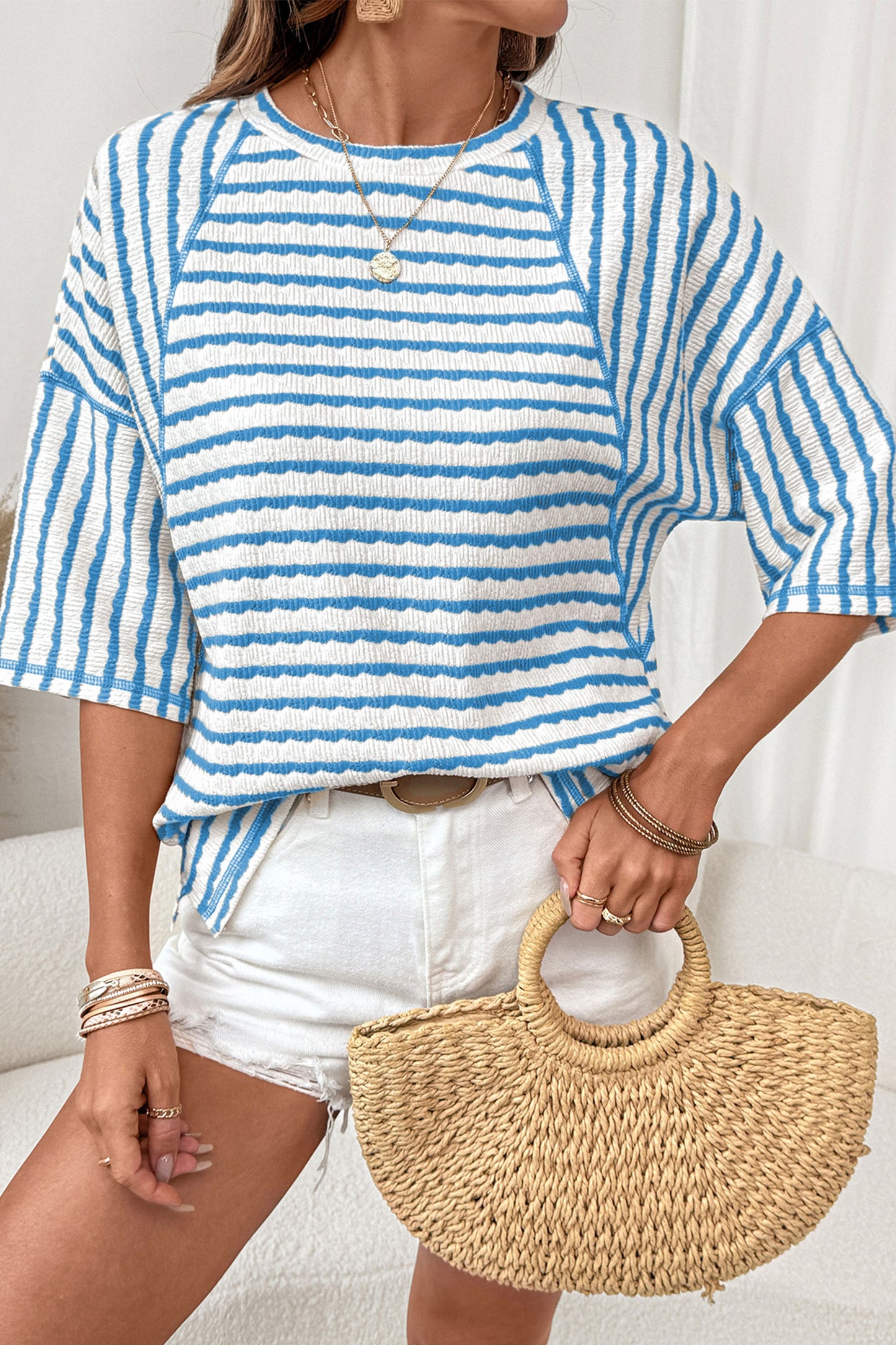 Apricot Stripe Textured Knit Split Hem Half Sleeve Loose Top
