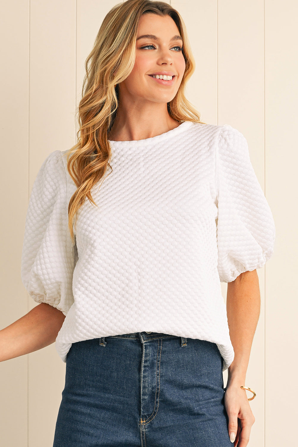 Phalaenopsis Solid Textured O Neck Puff Sleeve Blouse