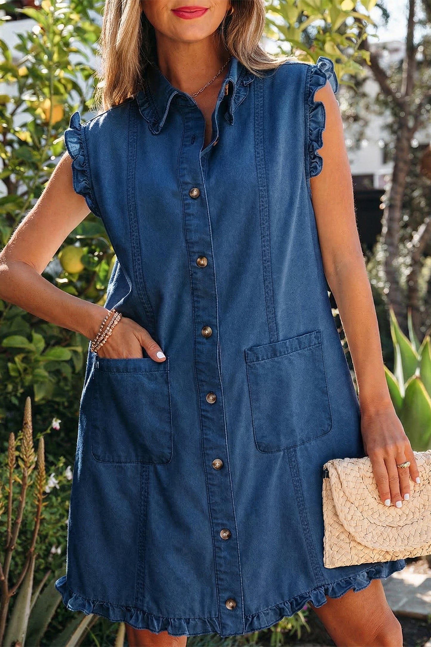 Beau Blue Ruffled Edge Collared Shift Denim Dress with Pockets