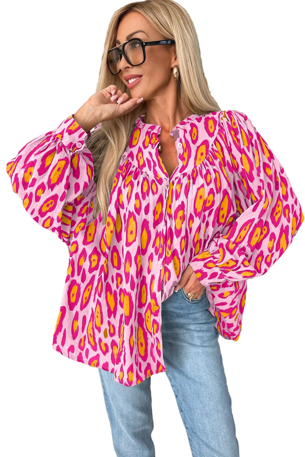 Light French Beige Leopard Print Balloon Sleeve Loose Blouse