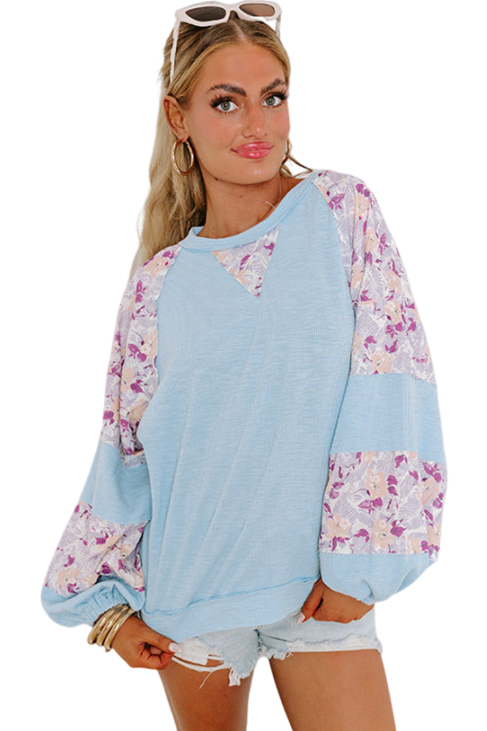 Beau Blue Crinkle Rib Floral Patchwork Balloon Sleeve Top