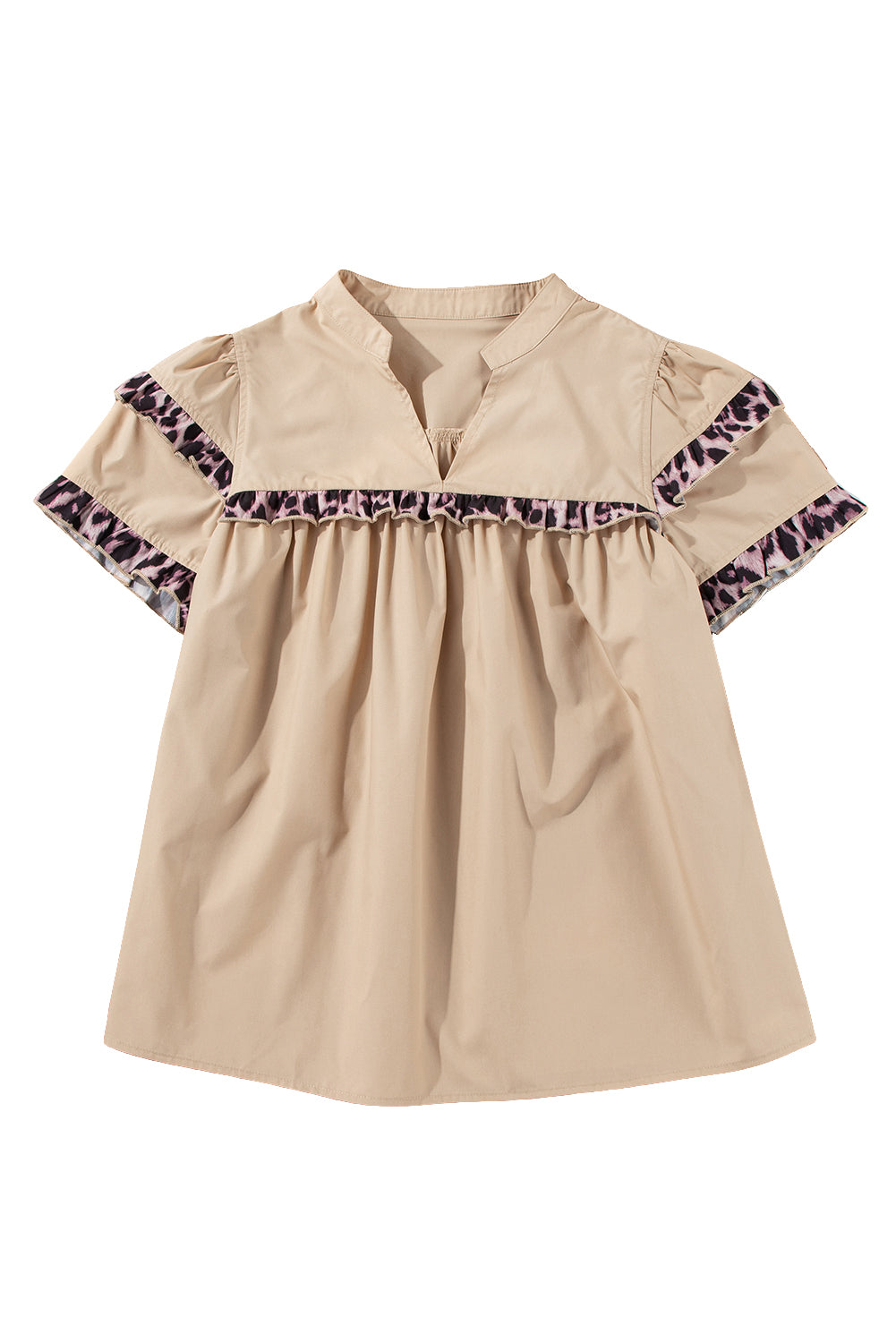 Smoke Gray Leopard Frill Detail V Neck Blouse