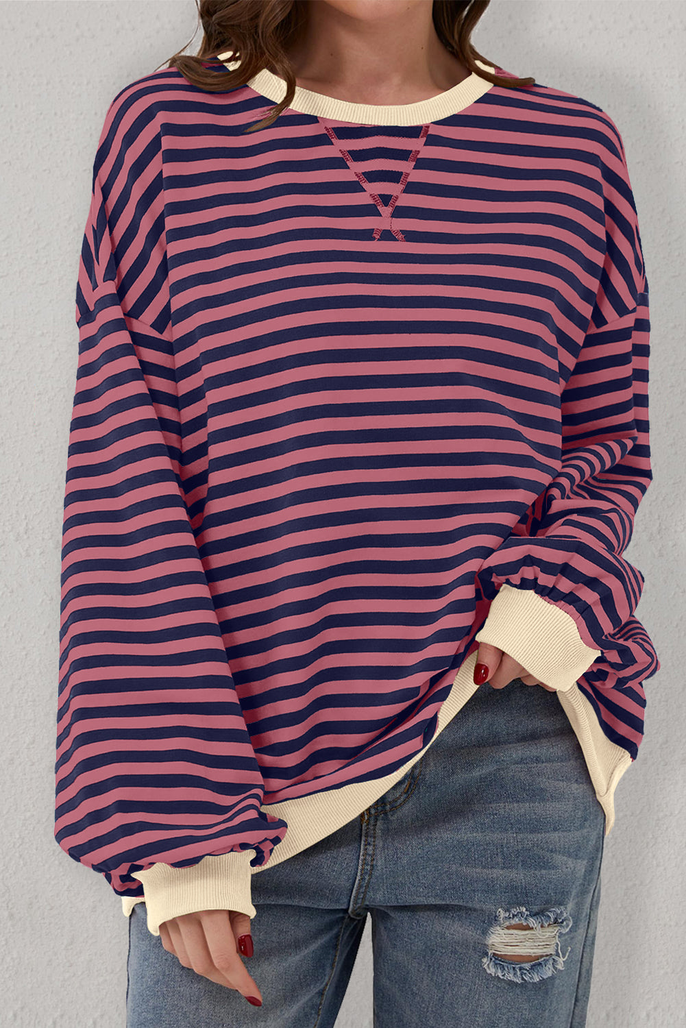 Green Stripe Contrast Edge Oversized Sweatshirt