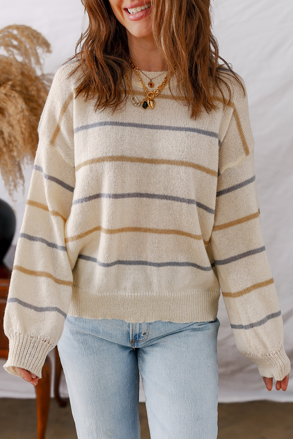 Brown Striped Ribbed Edge Drop Shoulder Sweater
