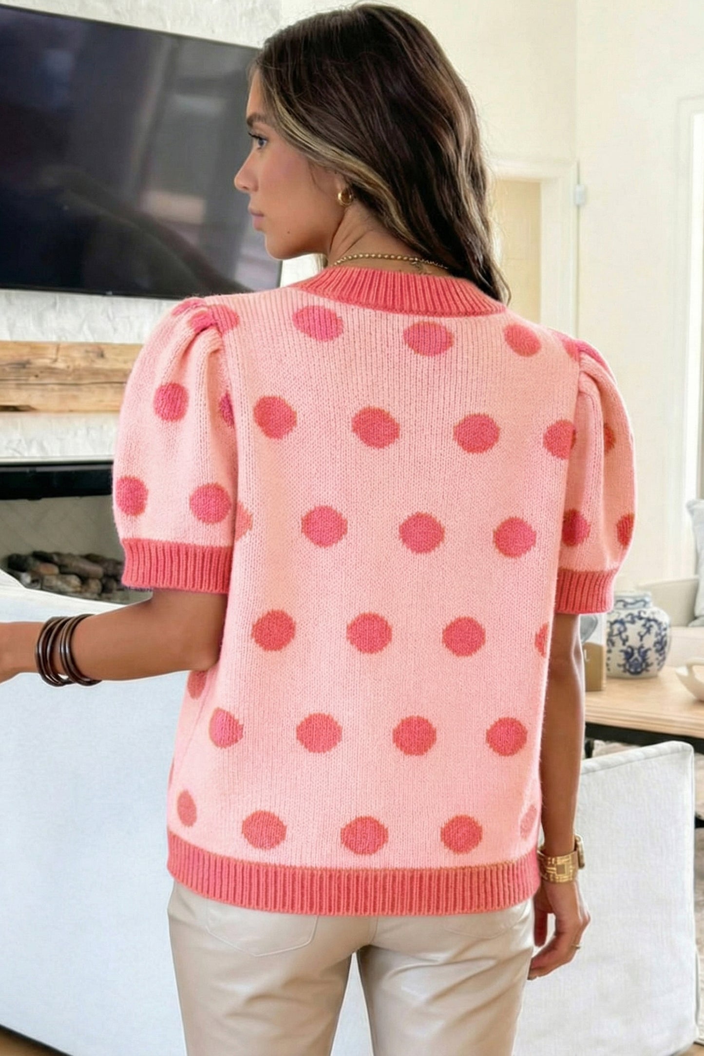 Light Blue Polka Dot Puff Short Sleeve Sweater Top