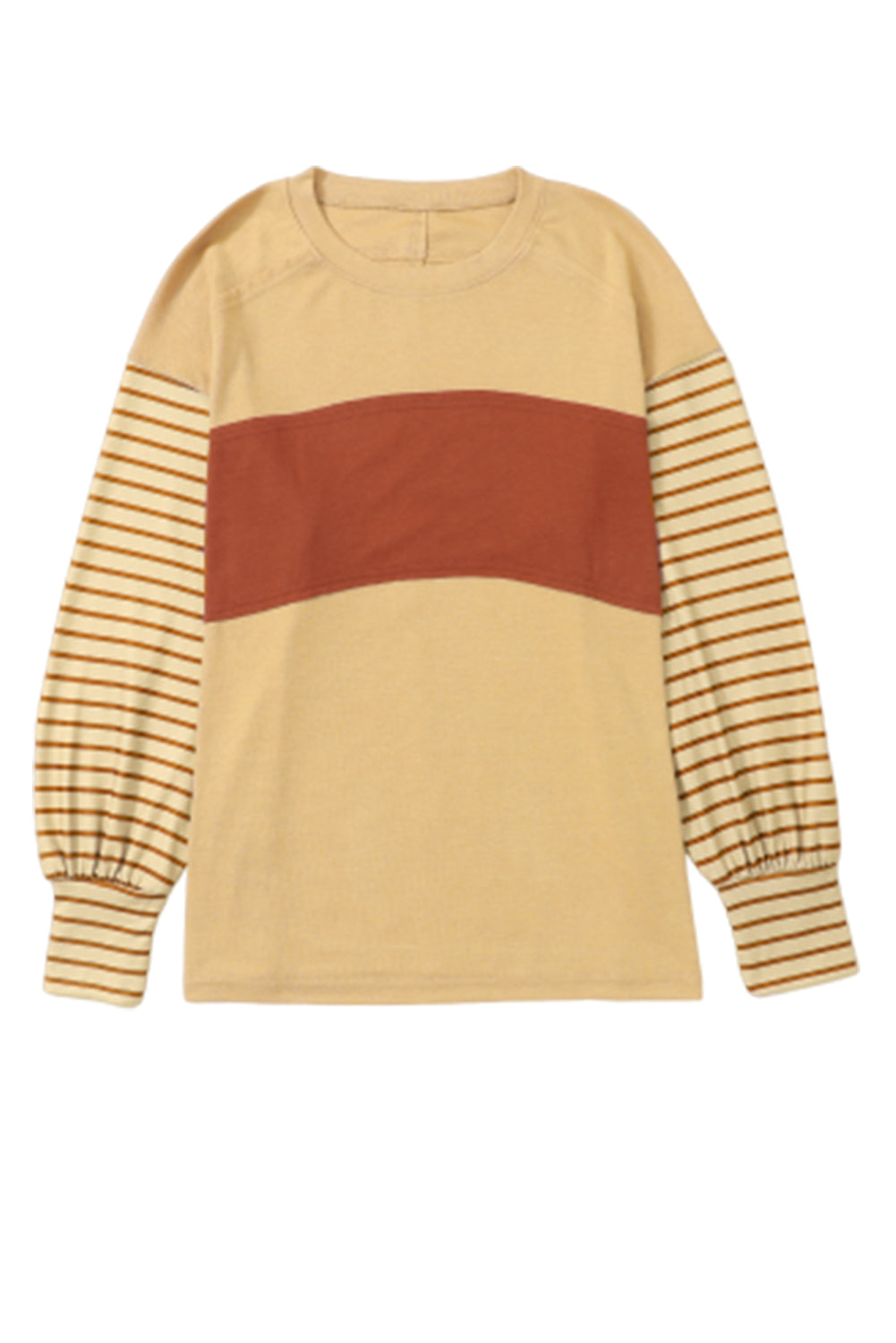 Khaki Colorblock Striped Bishop Sleeve Side Slits Top