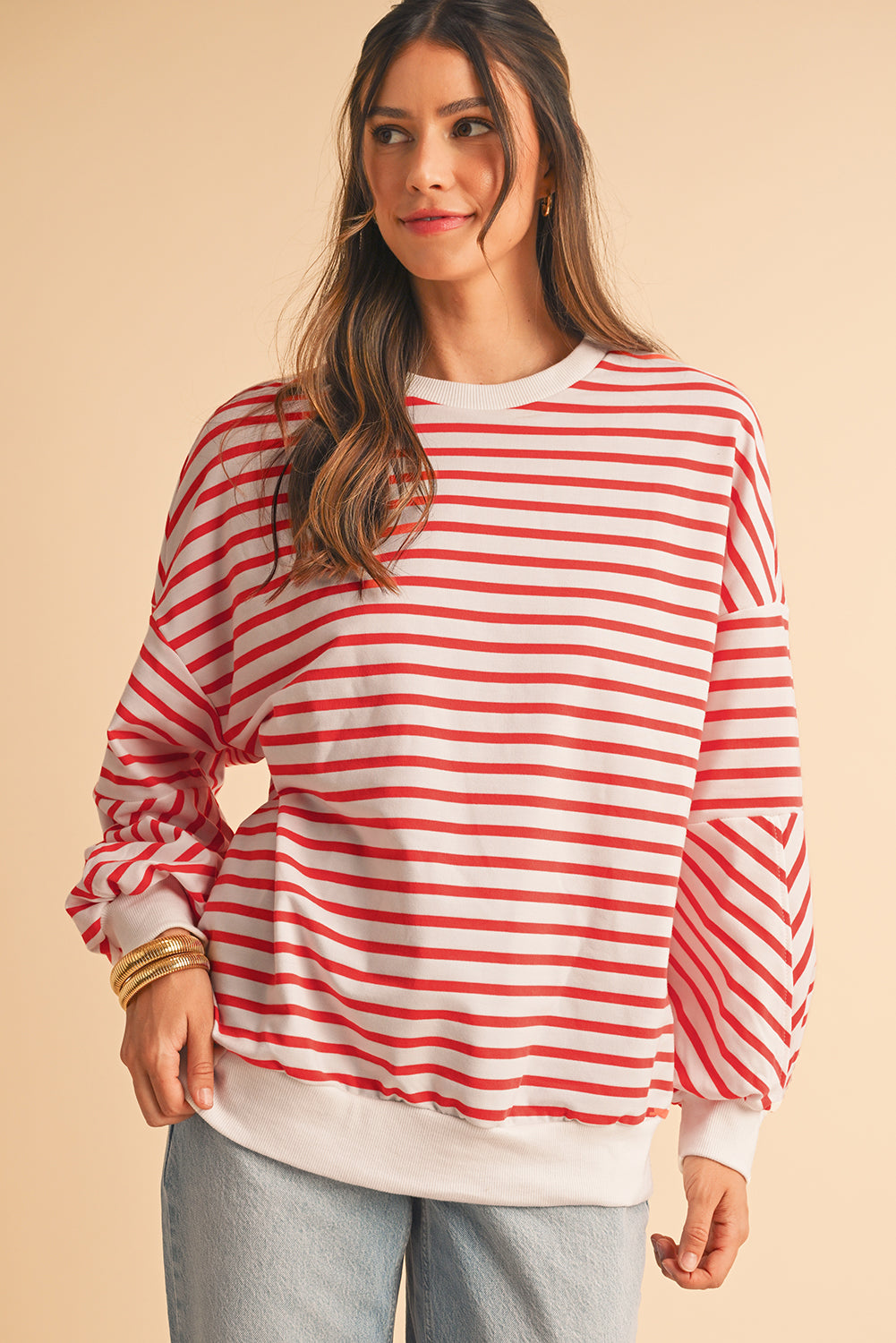 Blue Stripe Drop Shoulder Crew Neck Loose Sweatshirt