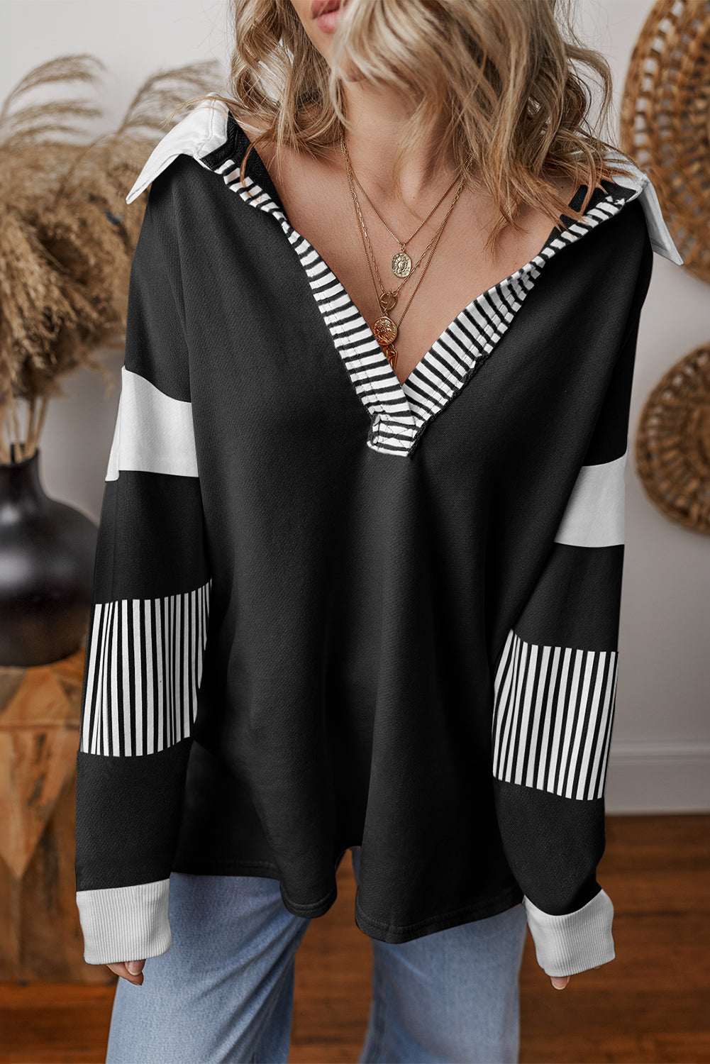 Black Striped Patchwork Collar Sweatshirt